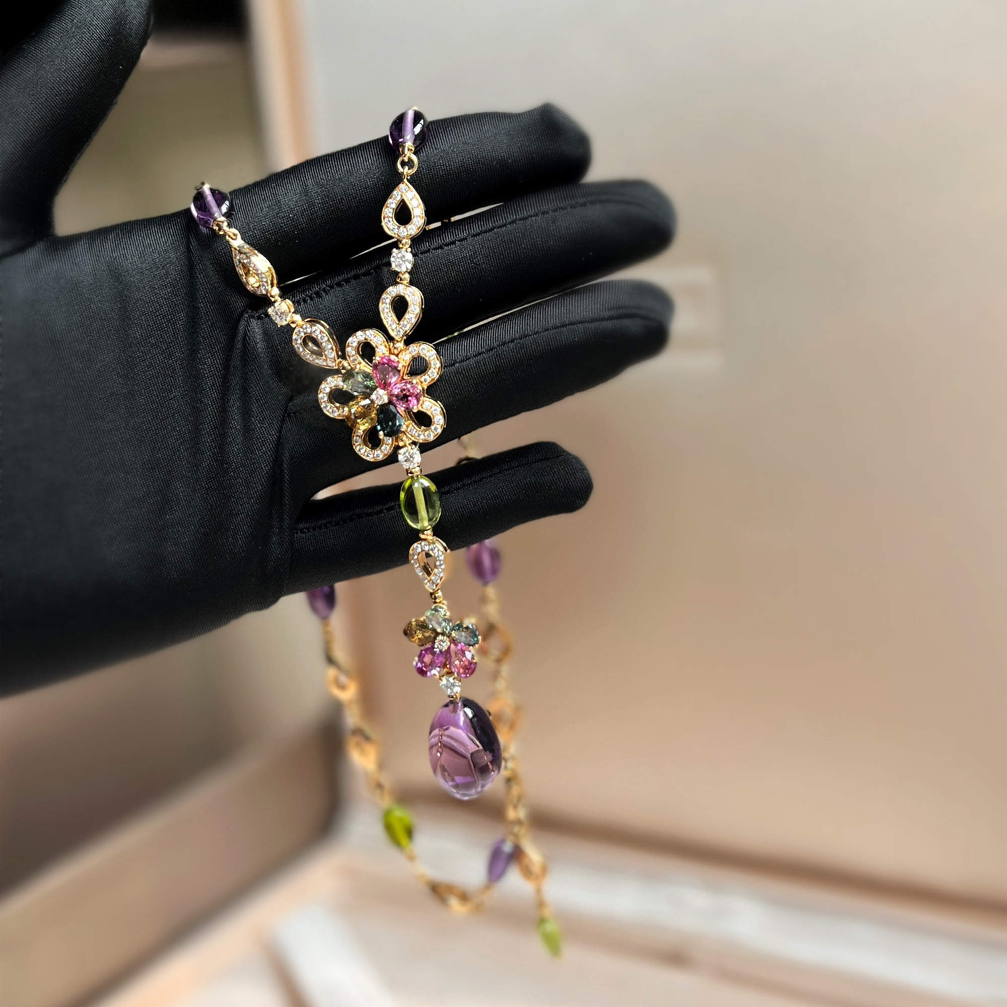 Pre Owned Bvlgari 18K Rose Gold Gemstone and Diamond Fiorever Flower Pendant Necklace