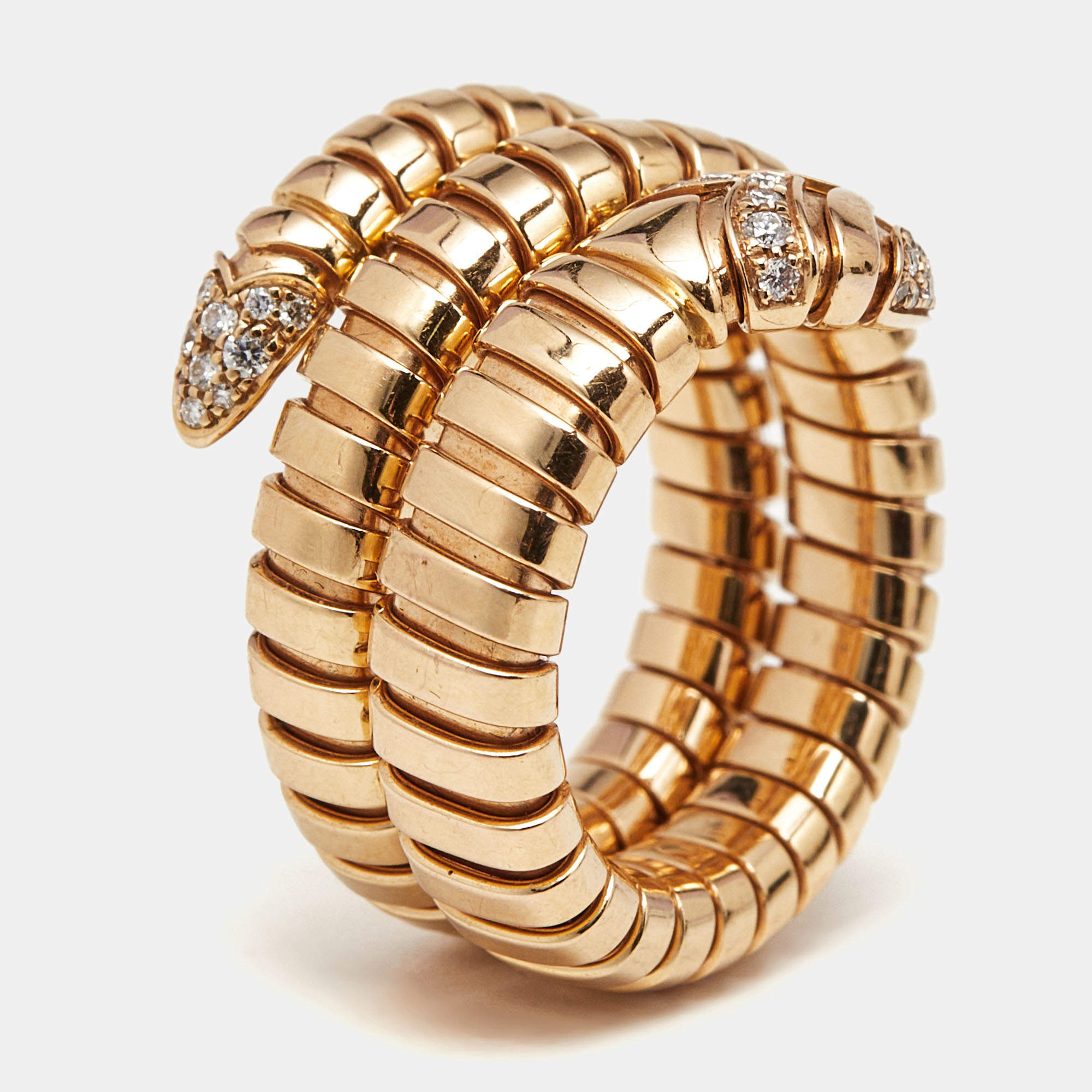 Bulgari Serpenti Tubogas Diamond 18k Rose Gold Wrap Ring Size 55 (L)