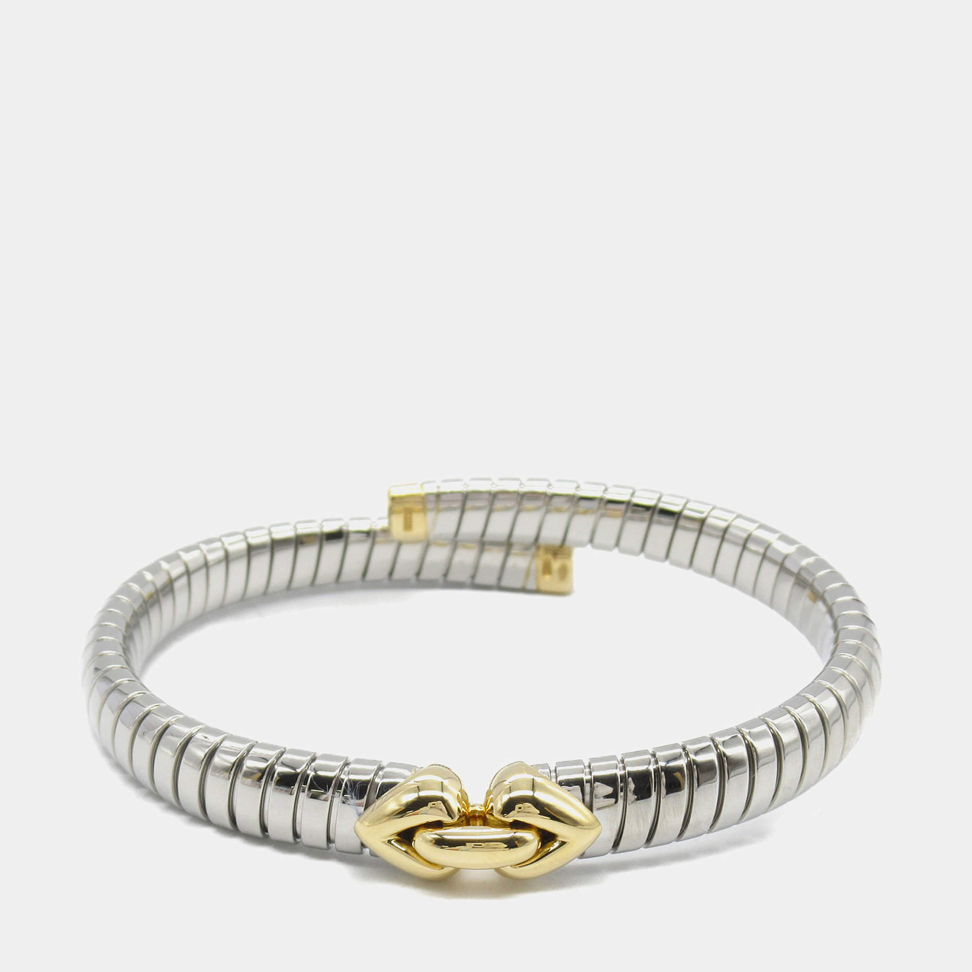 Bvlgari Stainless Steel and 18K Yellow Gold Tubogas Hearts Open Flex Bangle
