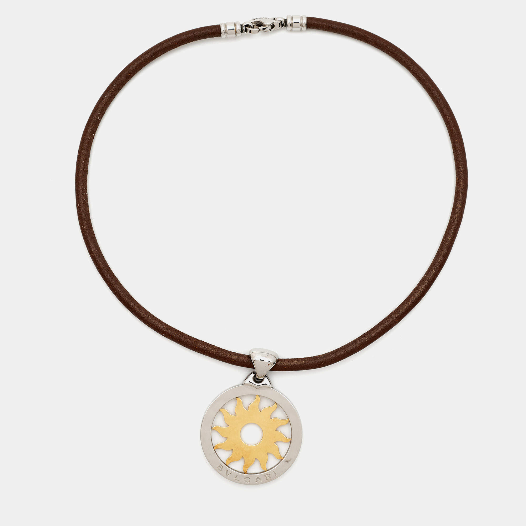 Pre Owned Bvlgari Tondo Sun 18k Yellow Gold & Stainless Steel Pendant Cord Necklace