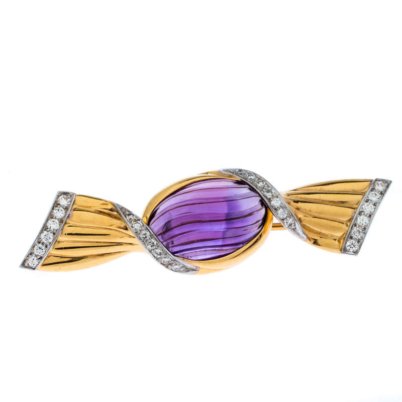 Bvlgari Bon Bon Wrapped Candy Amethyst Diamond 18k Yellow Gold Pin Brooch