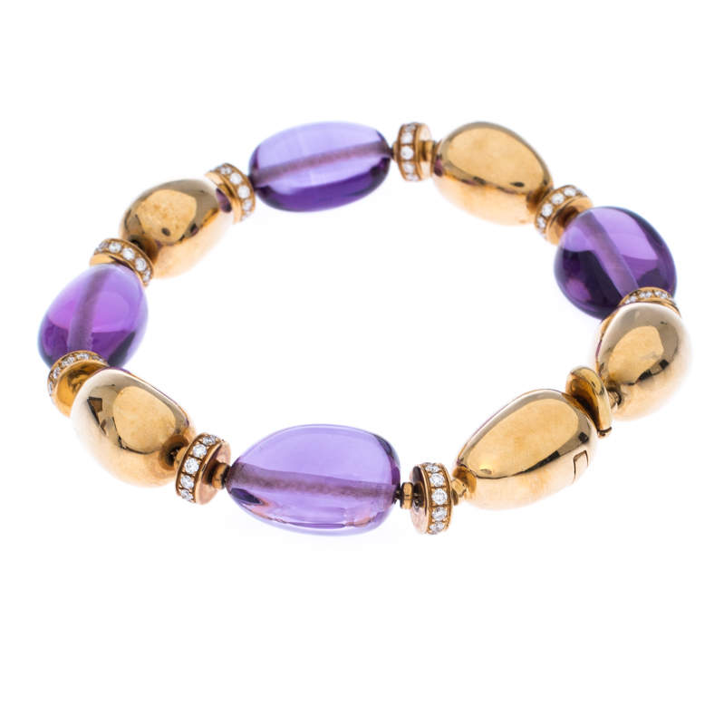 Bvlgari Diamond Amethyst 18k Yellow Gold Beaded Bracelet 