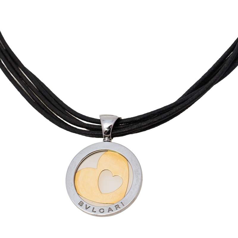 Pre Owned Bvlgari Tondo Heart 18k Gold & Stainless Steel Pendant Cord Necklace
