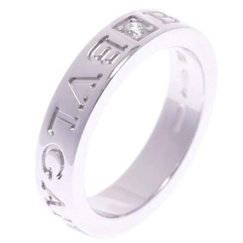 Pre Owned Bvlgari Double Logo Diamond 18K White Gold Band Ring Size 48