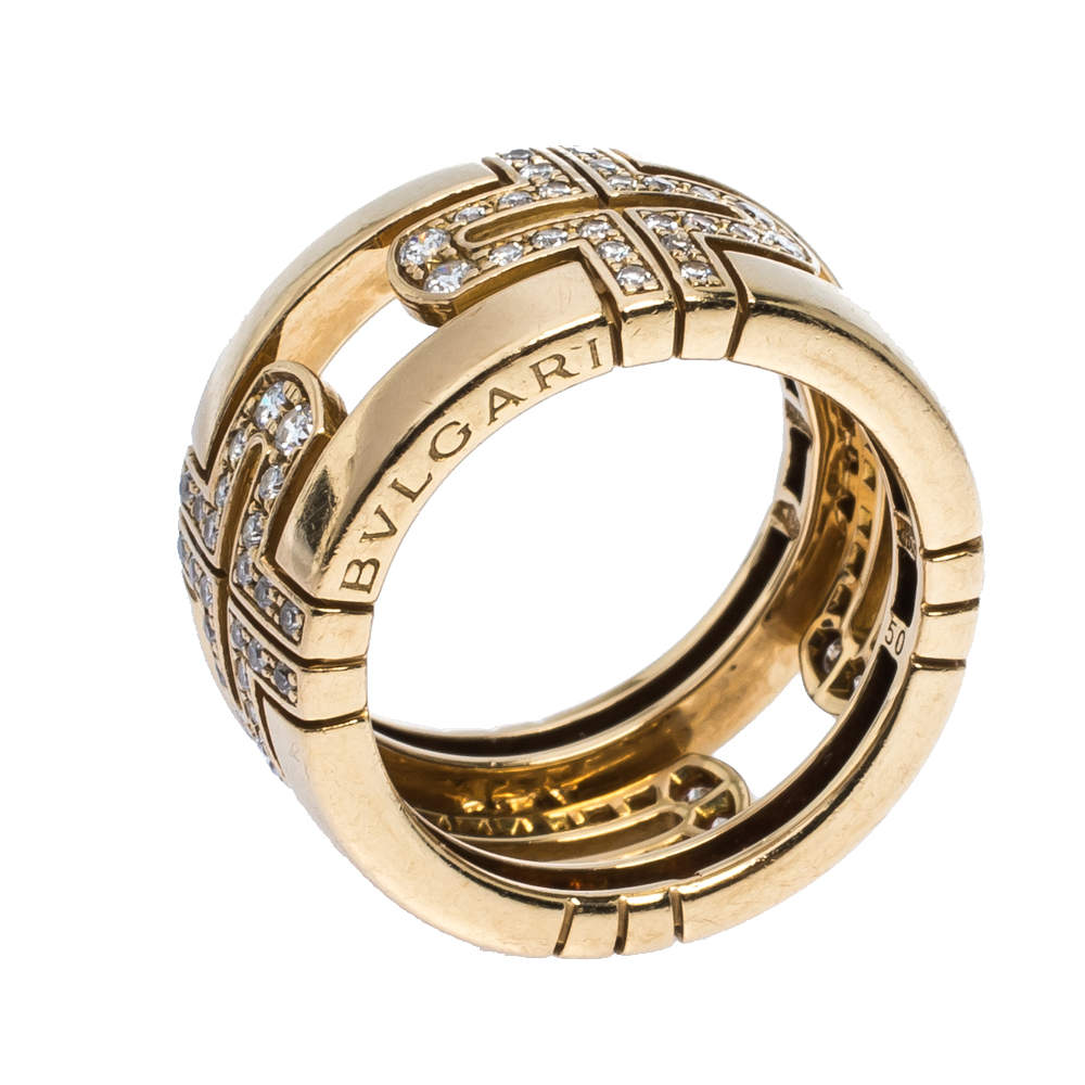 Bvlgari Parentesi Diamond 18K Yellow Gold Wide Band Ring Size 50