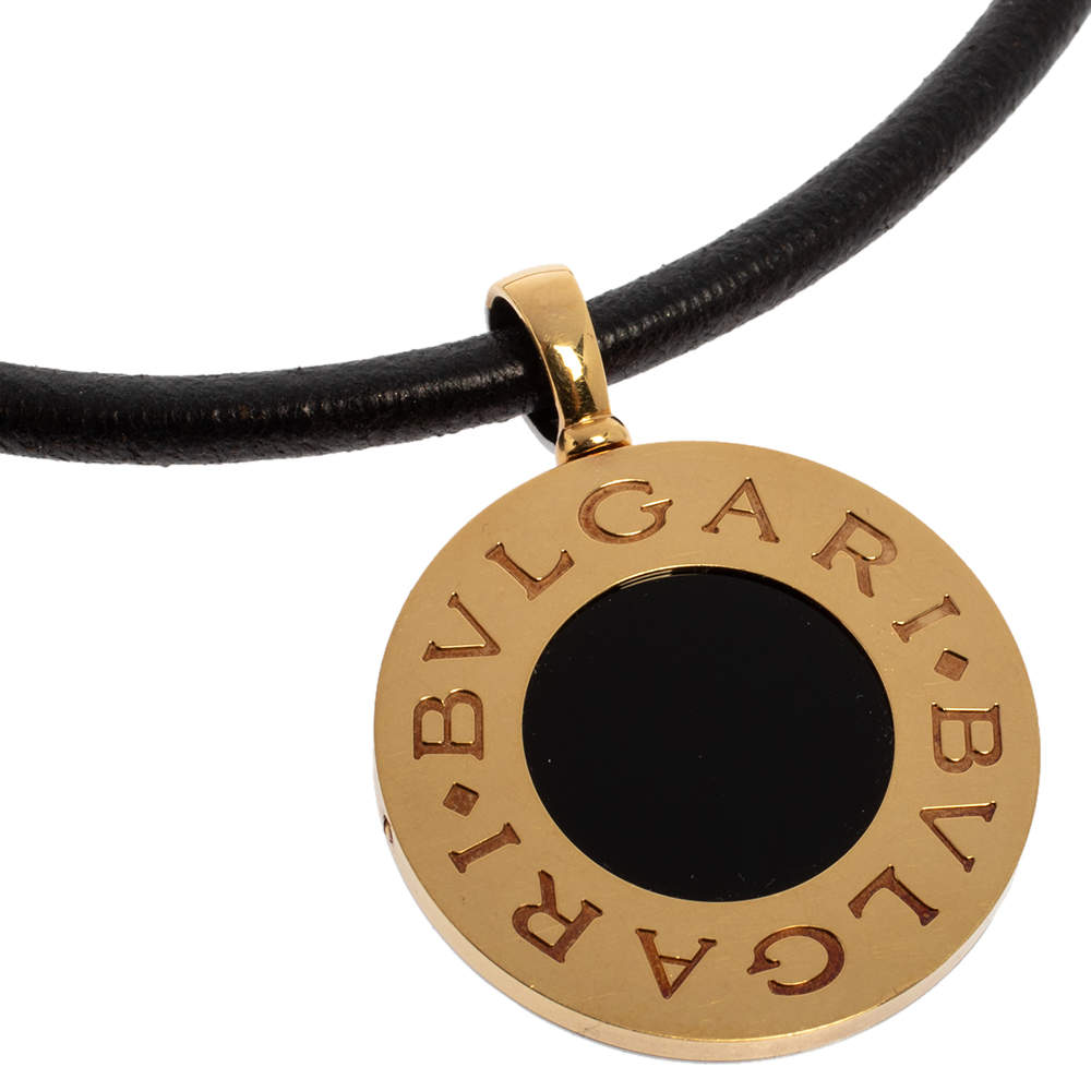 Pre Owned Bvlgari Onyx 18K Yellow Gold Stainless Steel Leather Cord Pendant Necklace