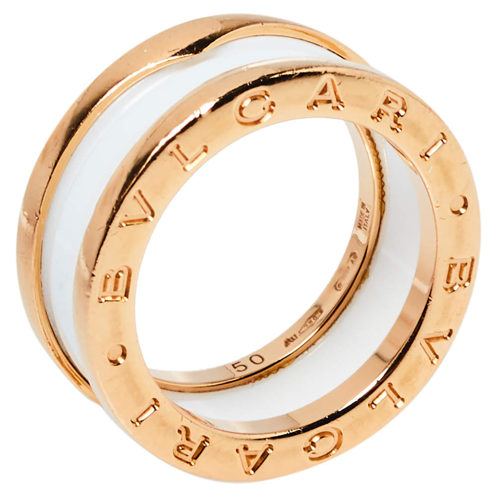Pre Owned Bvlgari B.Zero1 Ceramic 18K Rose Gold Two Band Ring Size 50