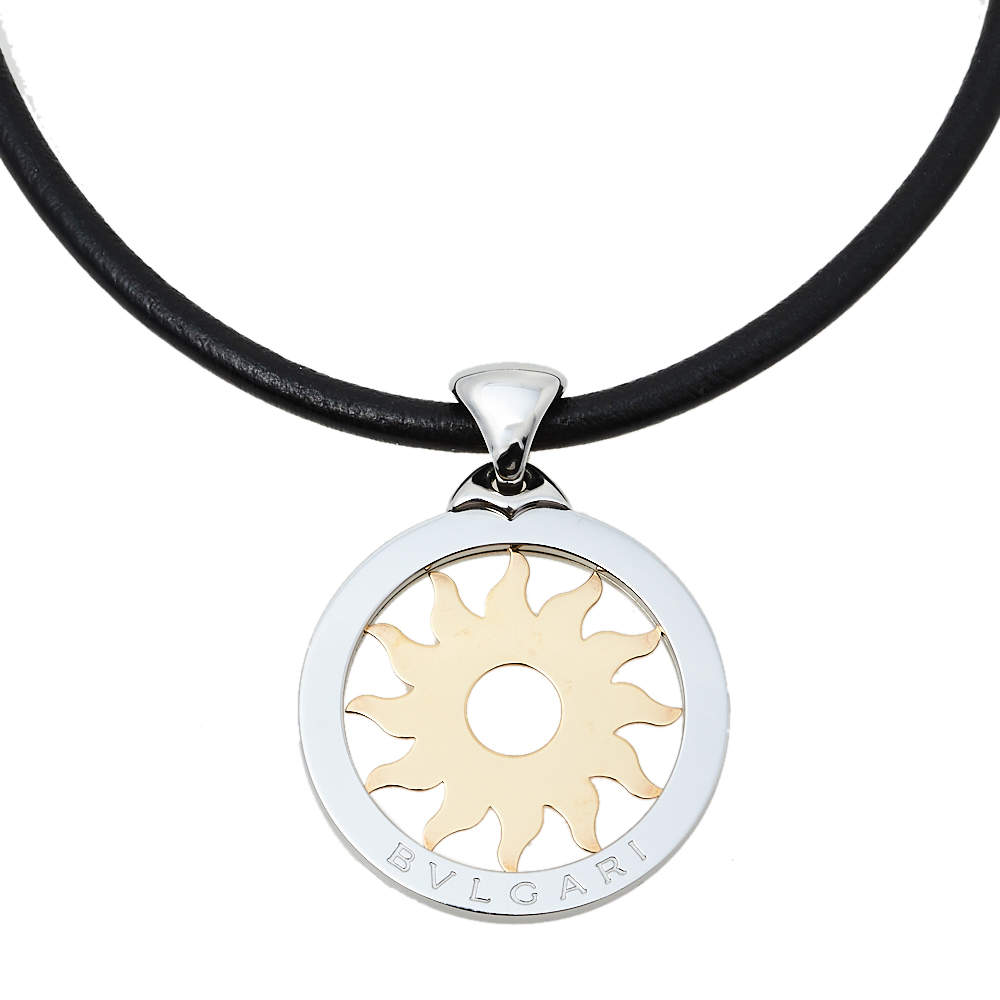 Pre Owned Bvlgari Tondo Sun 18K Yellow Gold & Stainless Steel Pendant Cord Necklace