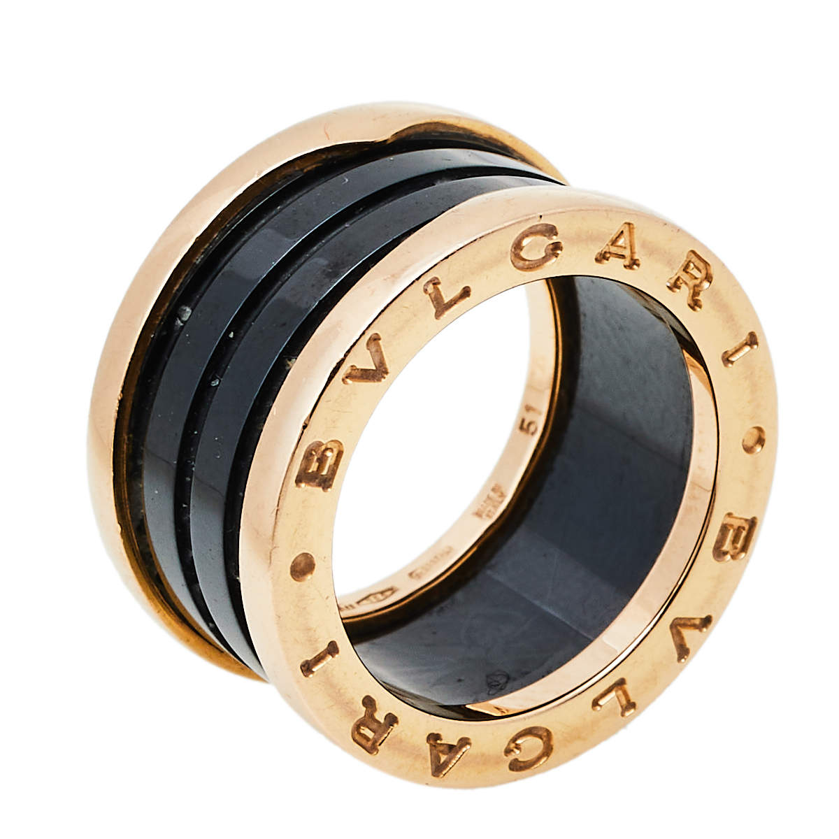 Pre Owned Bvlgari B.Zero1 4-Band Black Ceramic 18K Rose Gold Band Ring Size 51