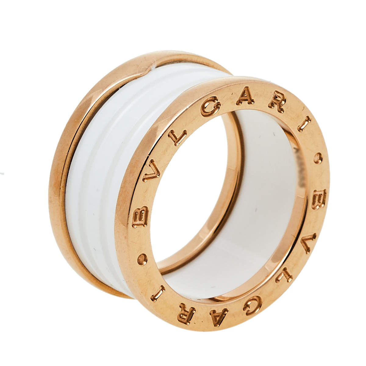Pre Owned Bvlgari B.Zero1 White Ceramic 18k Rose Gold 4 Band Ring Size 55