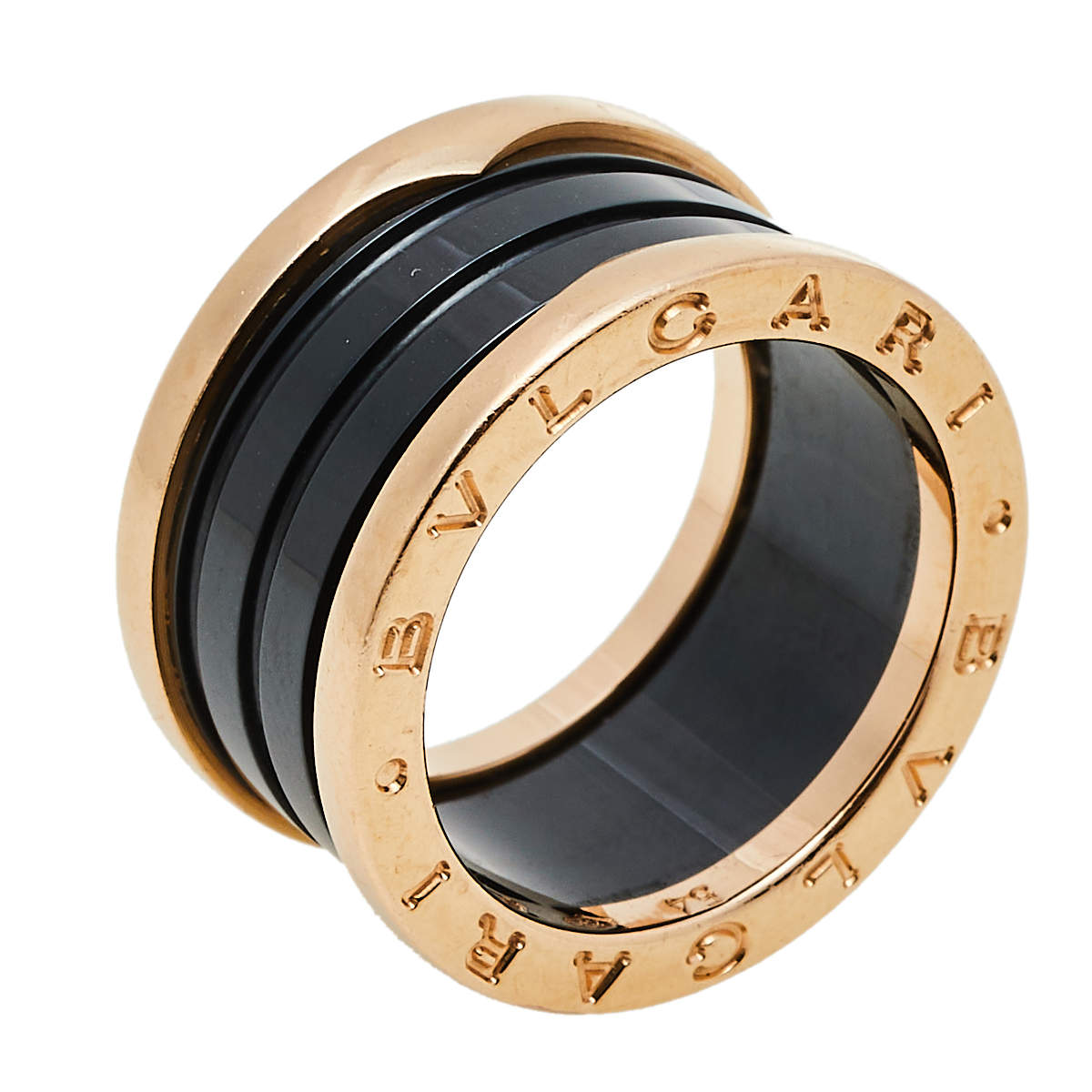 Pre Owned Bvlgari B.Zero1 Black Ceramic 18K Rose Gold 4-Band Ring Size 54
