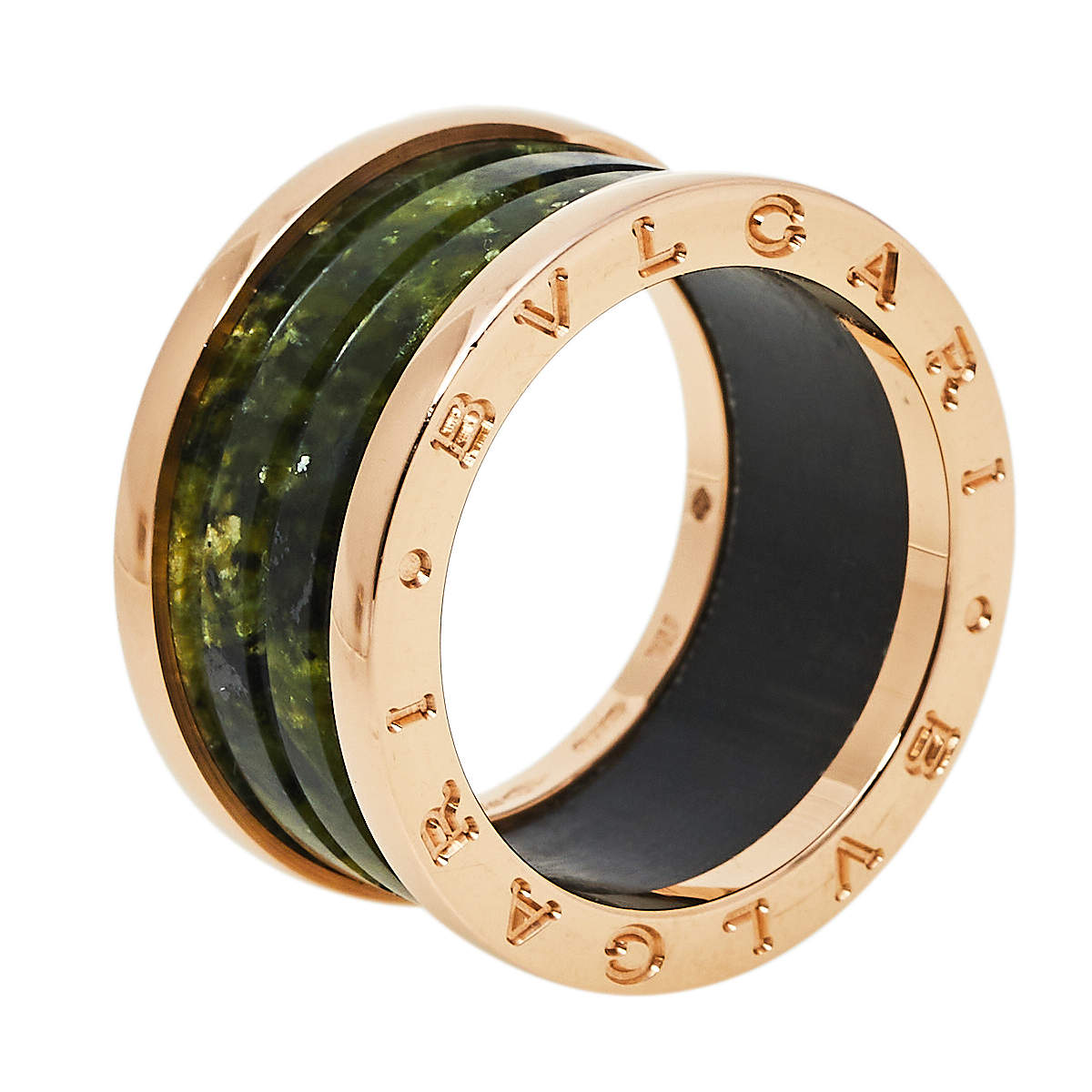 Pre Owned Bvlgari B.Zero1 Green Marble 18K Rose Gold Ring Size 56