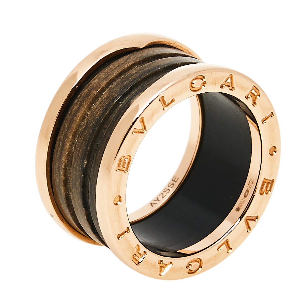 Pre Owned Bvlgari B.Zero1 Brown Marble 18K Rose Gold 4-Band Ring Size 54
