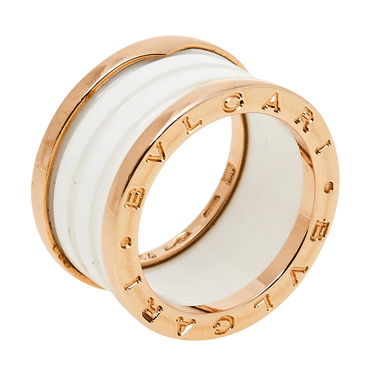 Pre Owned Bvlgari B.Zero1 White Ceramic 18K Rose Gold 4-Band Ring Size 54