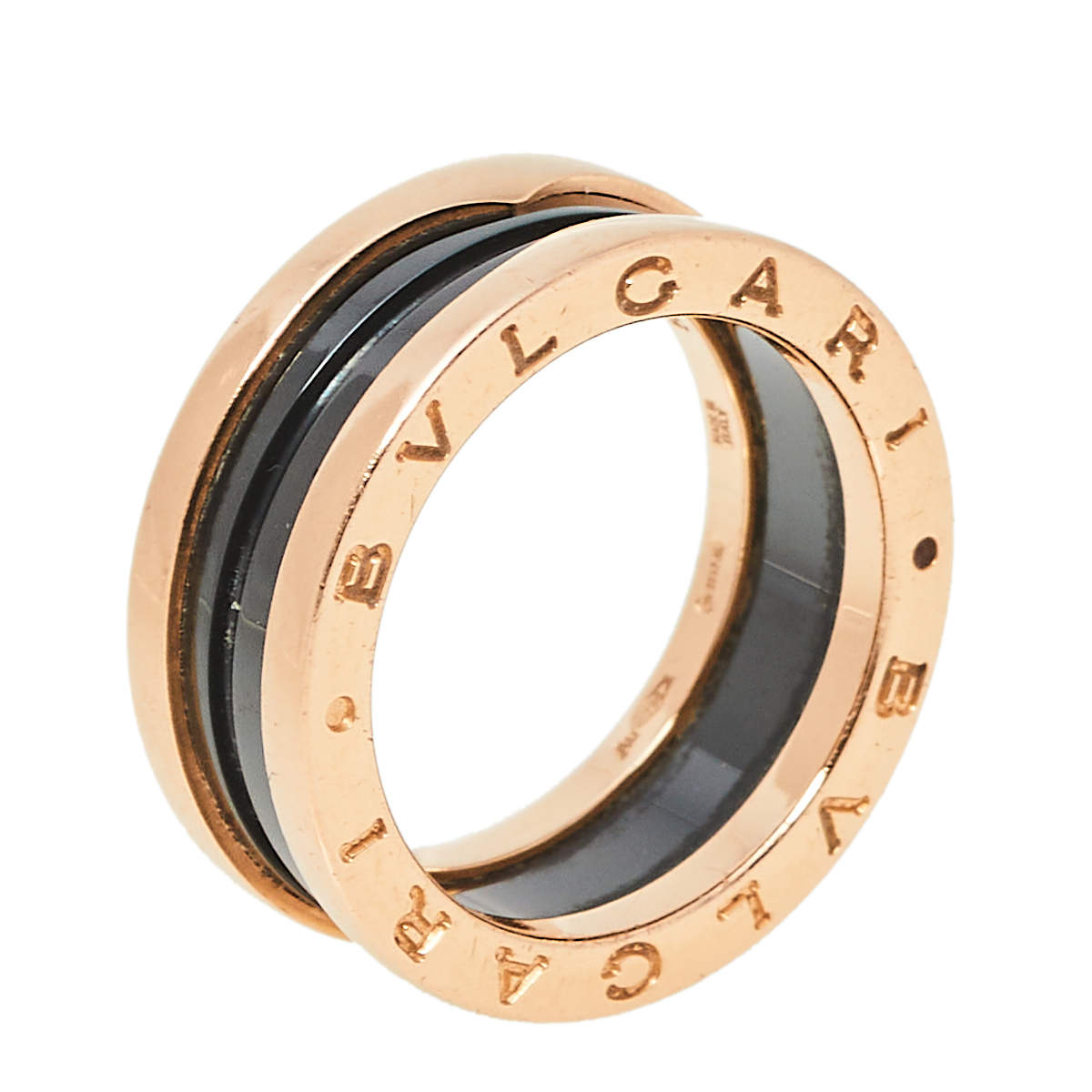 Pre Owned Bvlgari B.Zero1 18K Rose Gold & Black Ceramic Two-Band Ring Size 54