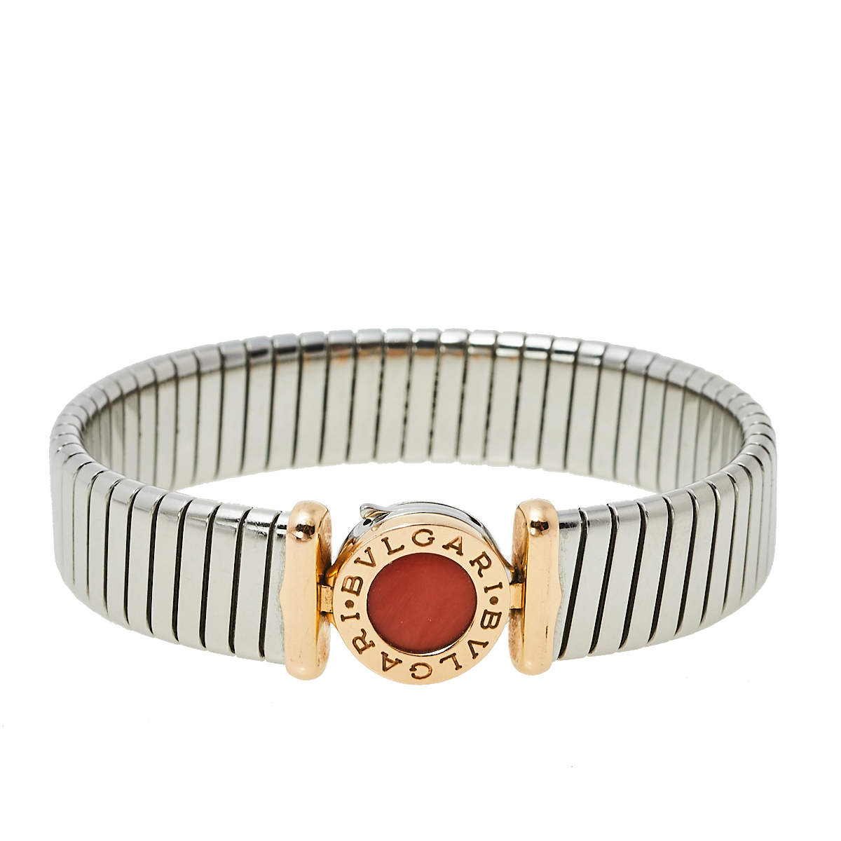 Pre Owned Bvlgari Tubogas Coral 18K Rose Gold Steel Cuff Bracelet S