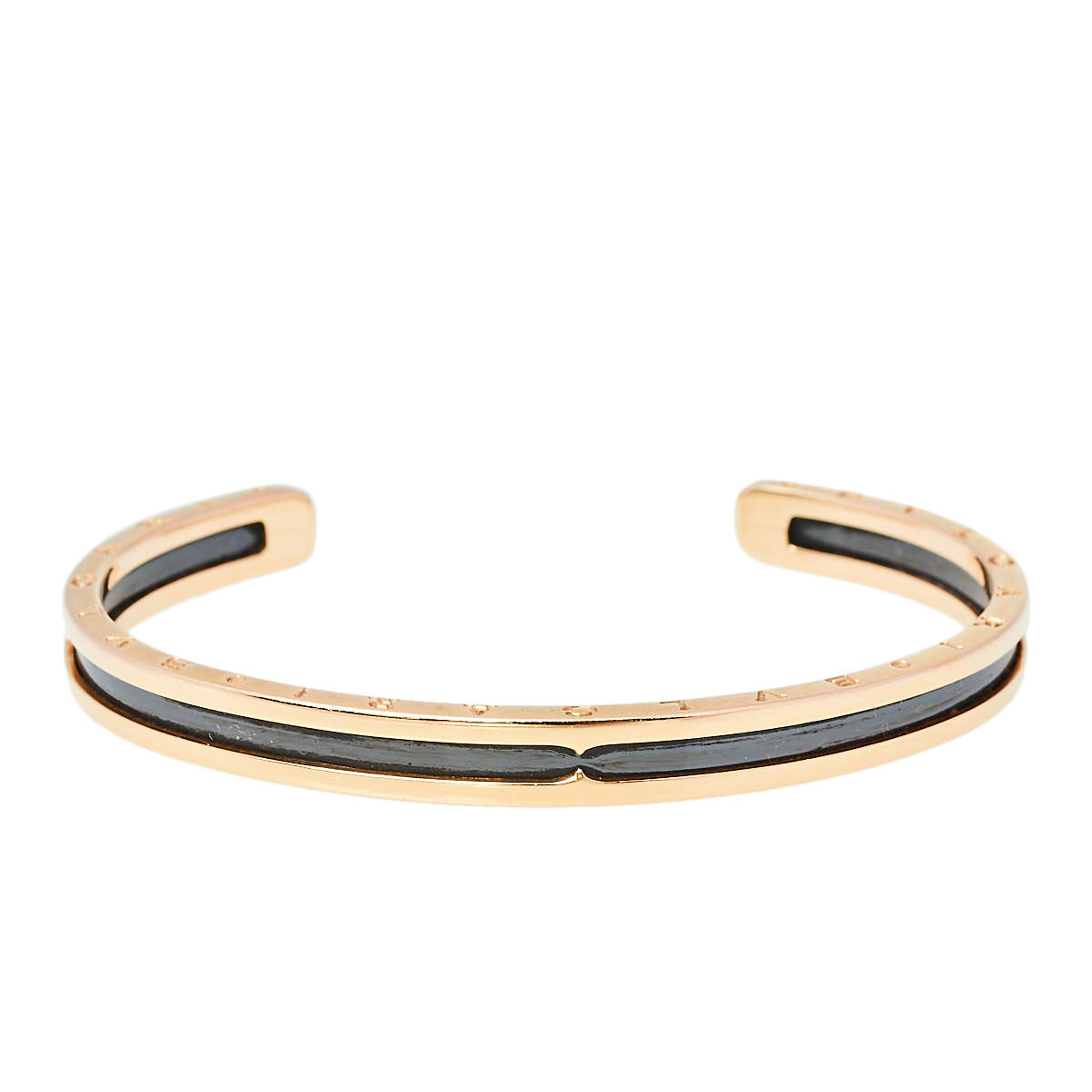 Pre Owned Bvlgari B.Zero1 18K Rose Gold Carbon Coated Steel Open Cuff Bracelet