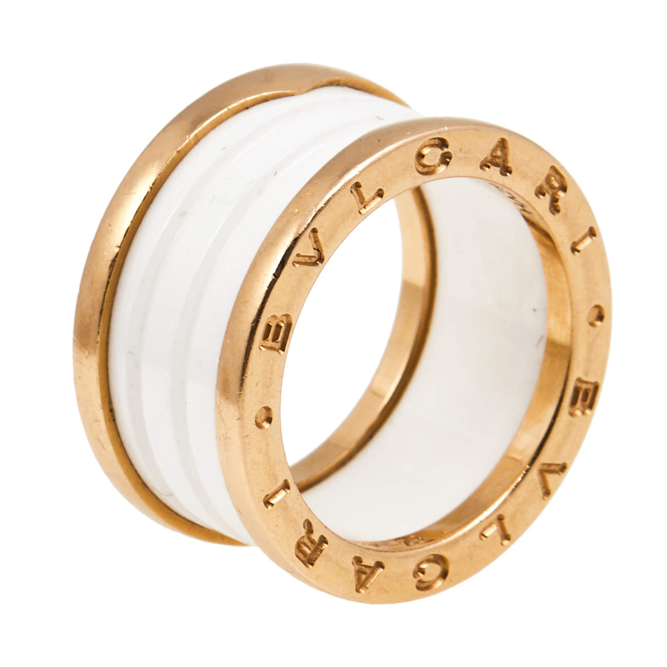 Bvlgari B.Zero1 White Ceramic 18K Rose Gold 4-Band Ring Size 54