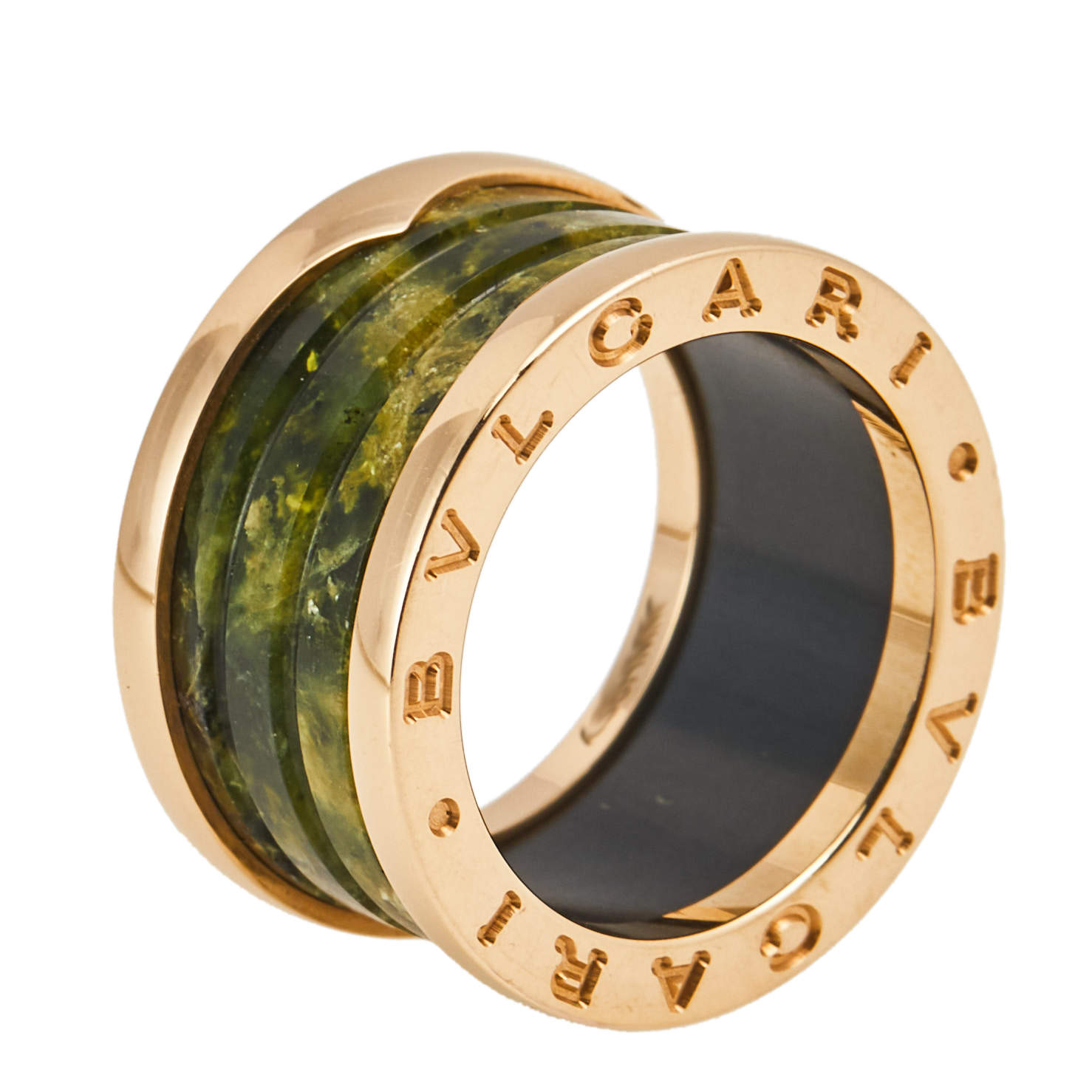 Bvlgari B.Zero1 Green Marble 18K Rose Gold 4-Band Ring Size 52