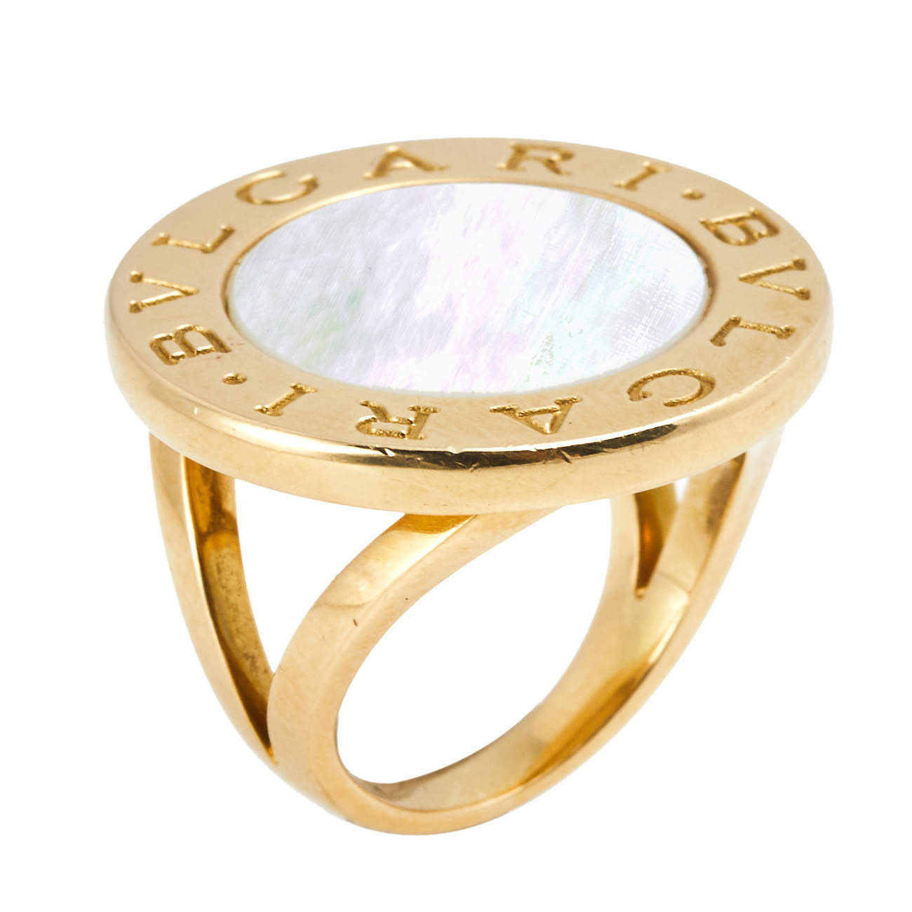 Pre Owned Bvlgari Mother of Pearl 18k Yellow Gold Ring Size 52