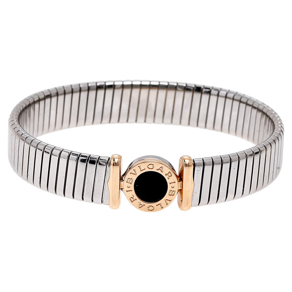 Bvlgari Tubogas Onyx 18K Rose Gold Steel Cuff Bracelet L