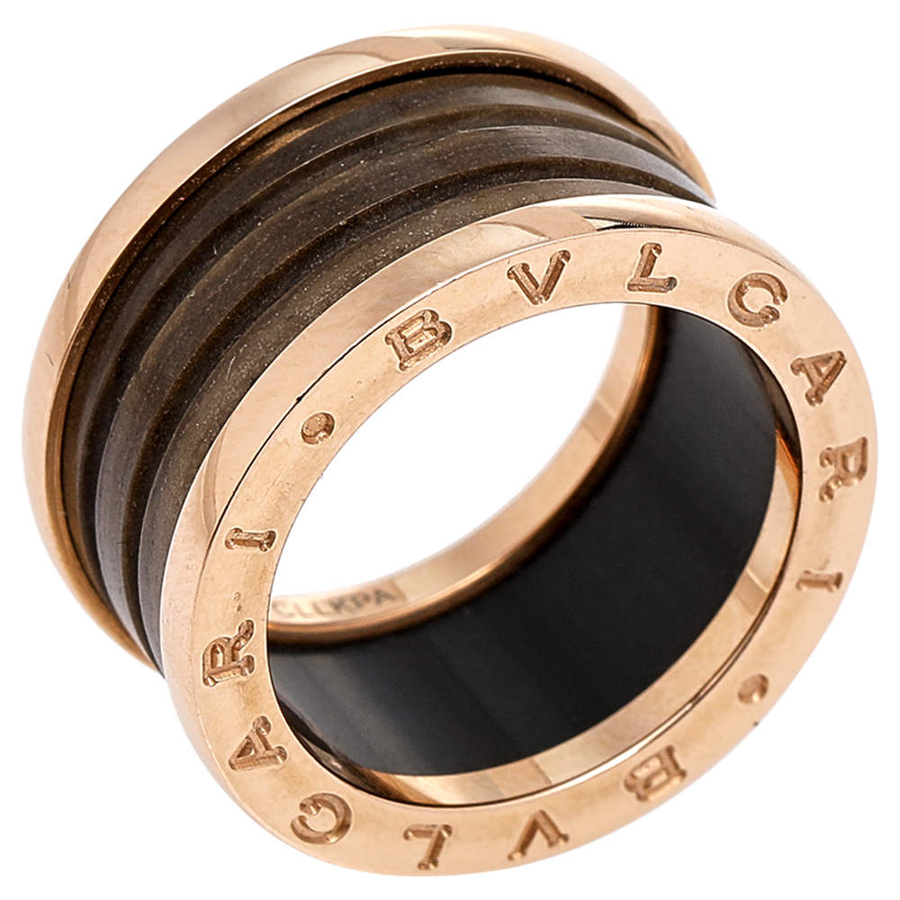 Pre Owned Bvlgari B.Zero1 Brown Marble 18K Rose Gold 4-Band Ring Size 55