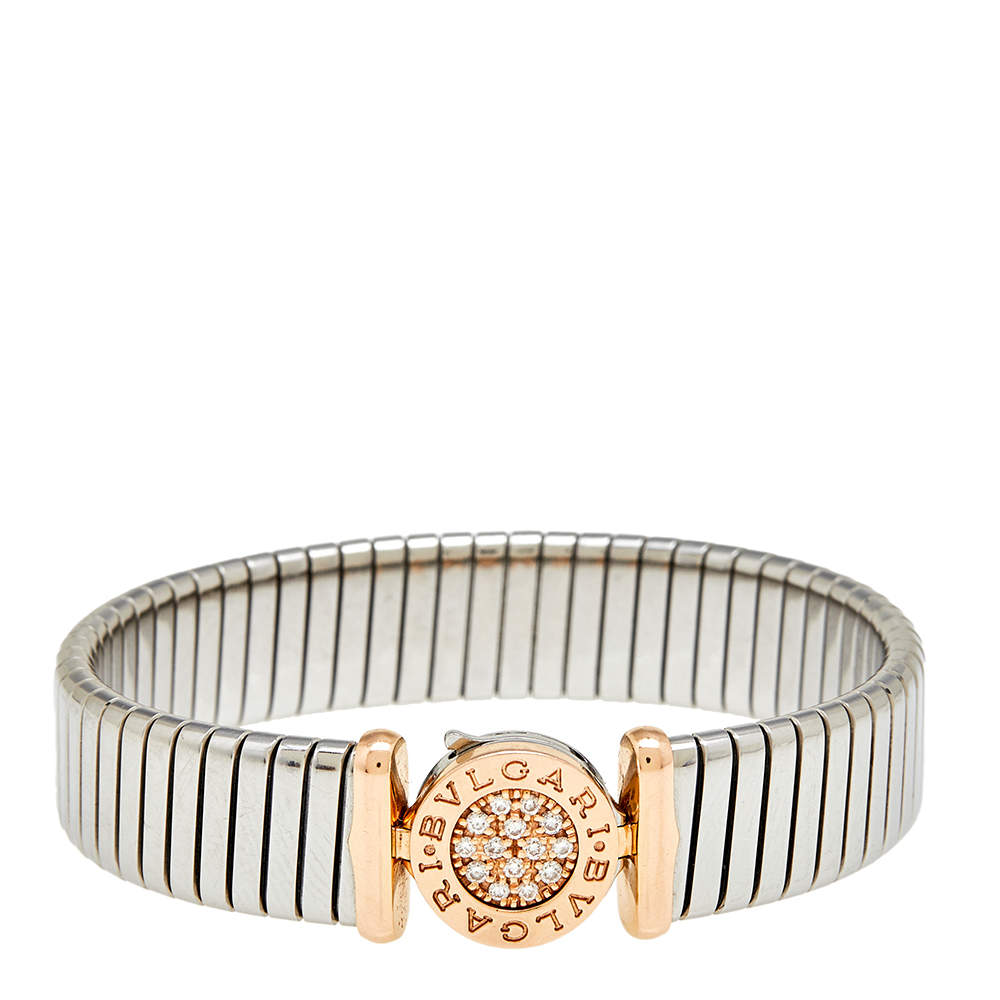 Bvlgari Tubogas Diamond 18K Rose Gold & Steel Cuff Bracelet S