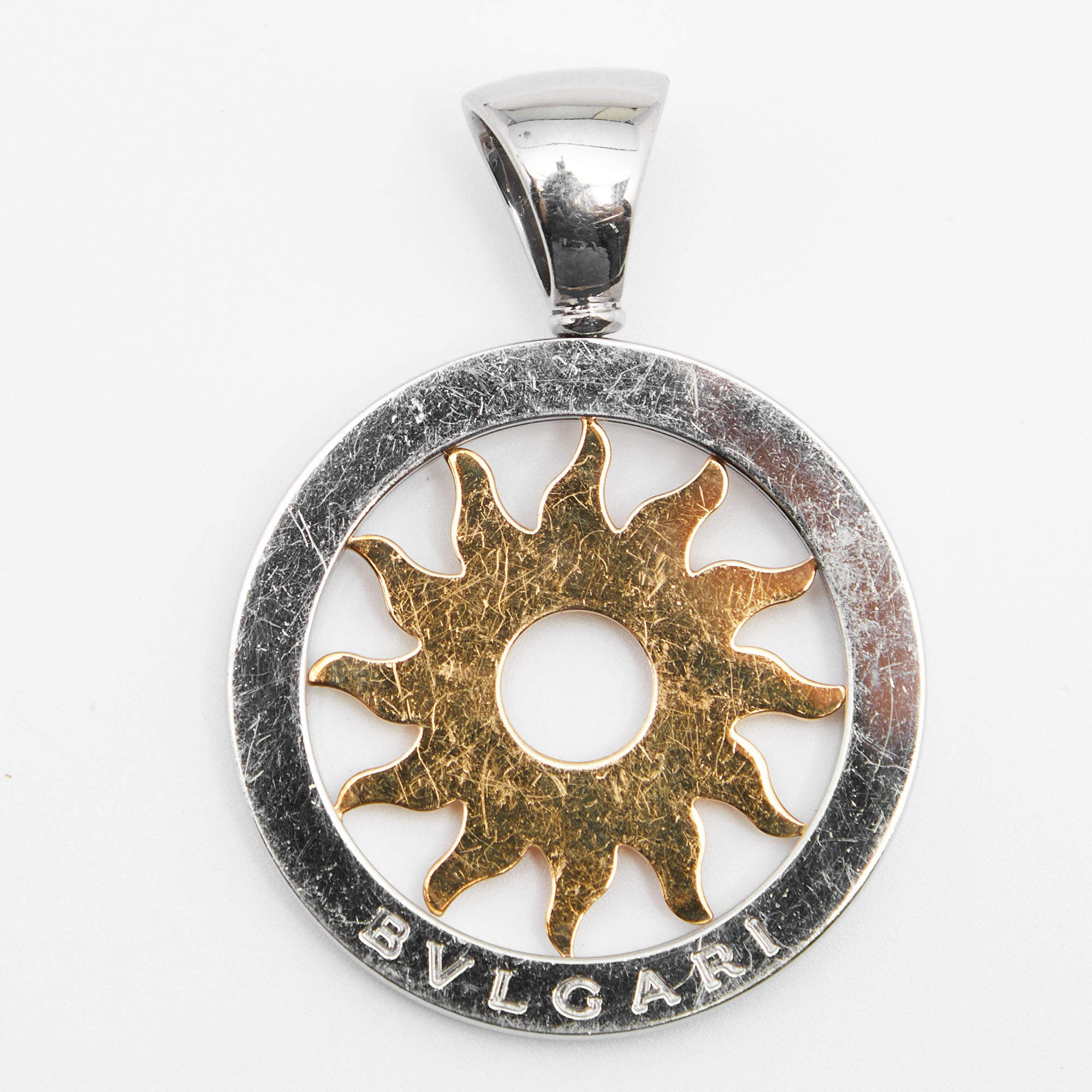 Pre Owned Bvlgari Tondo Sun Motif 18K Yellow Gold & Stainless Steel Pendant