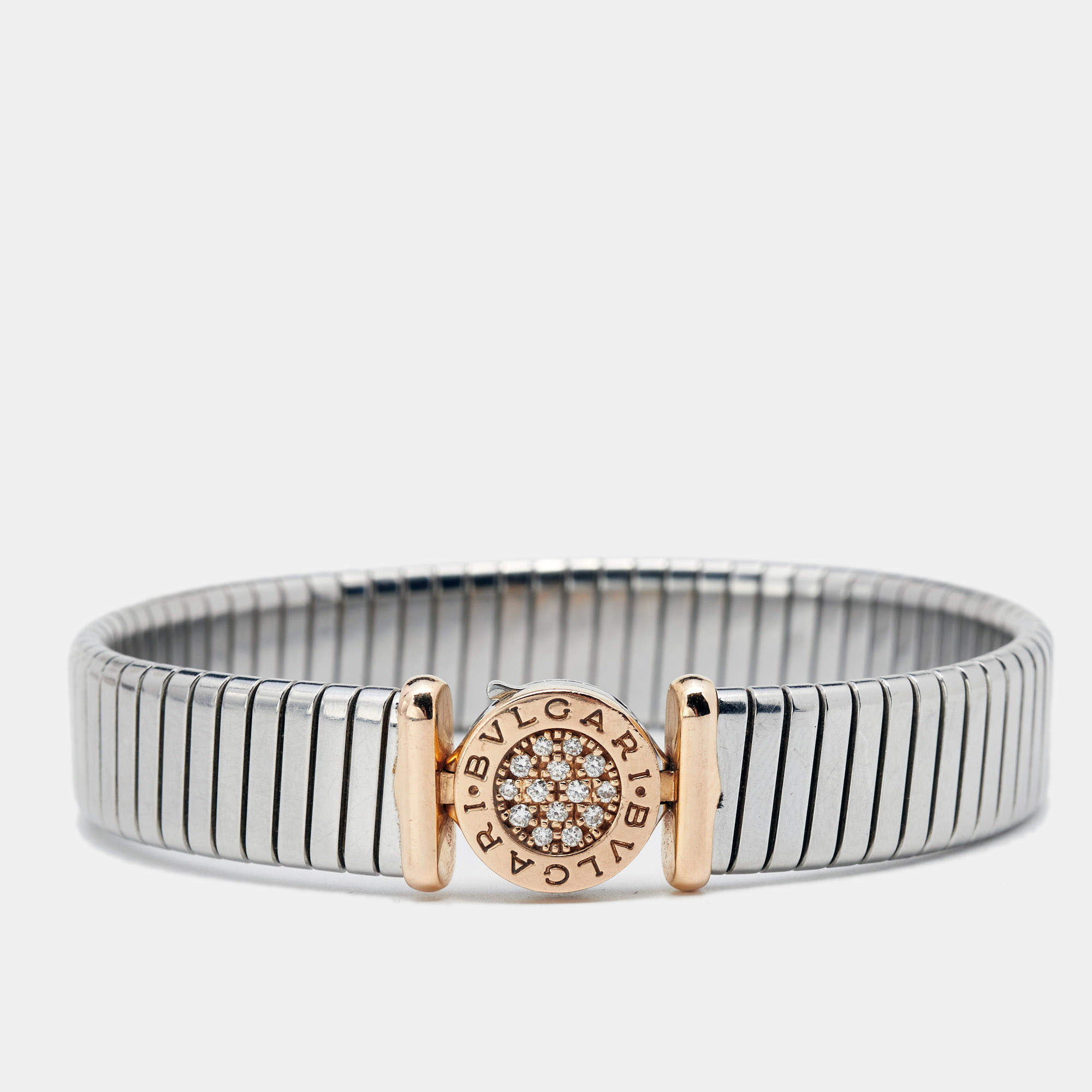 Bvlgari Tubogas Diamond 18K Rose Gold Stainless Steel Cuff Bracelet M
