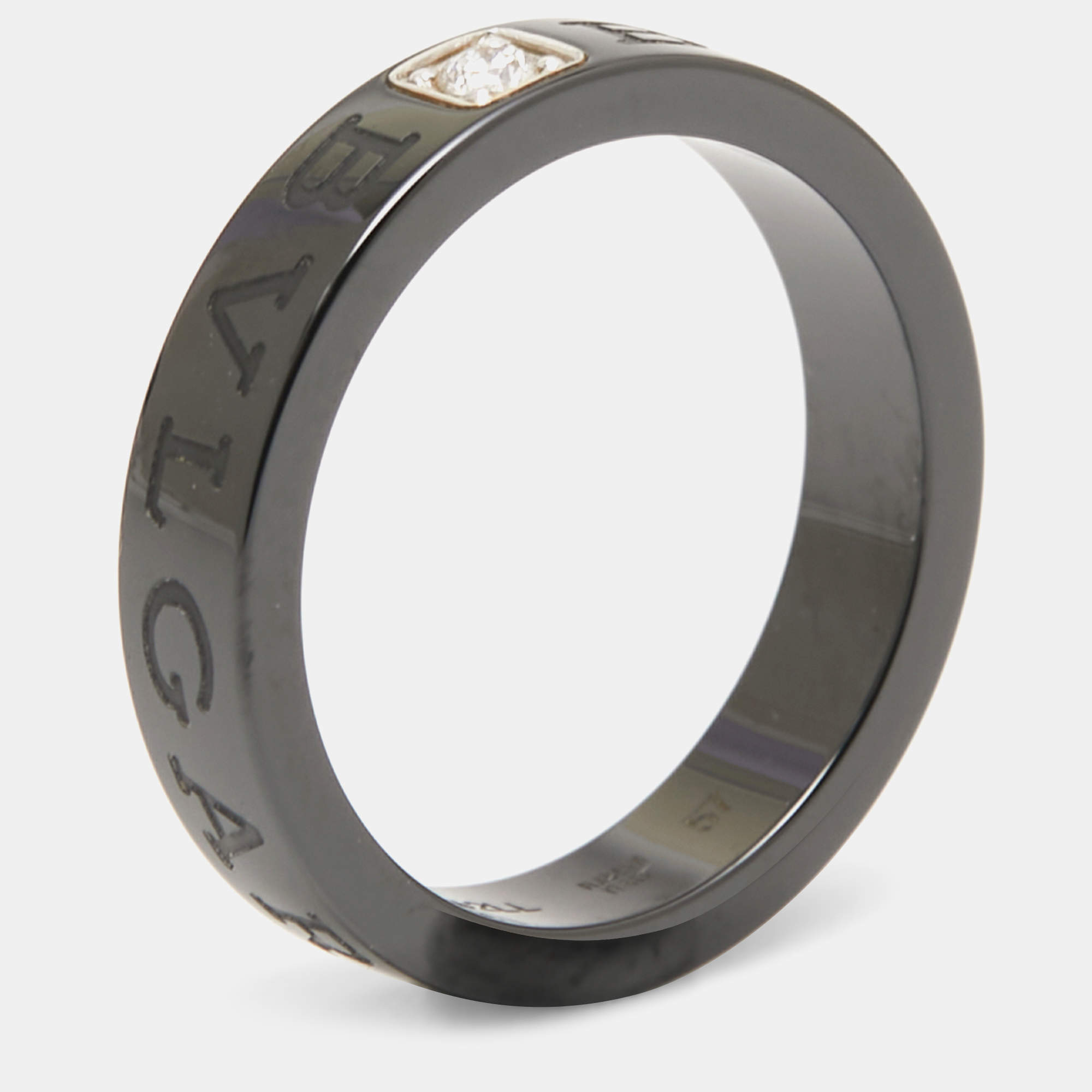 Pre Owned Bvlgari Diamond Black Ceramic Band Ring Size 57