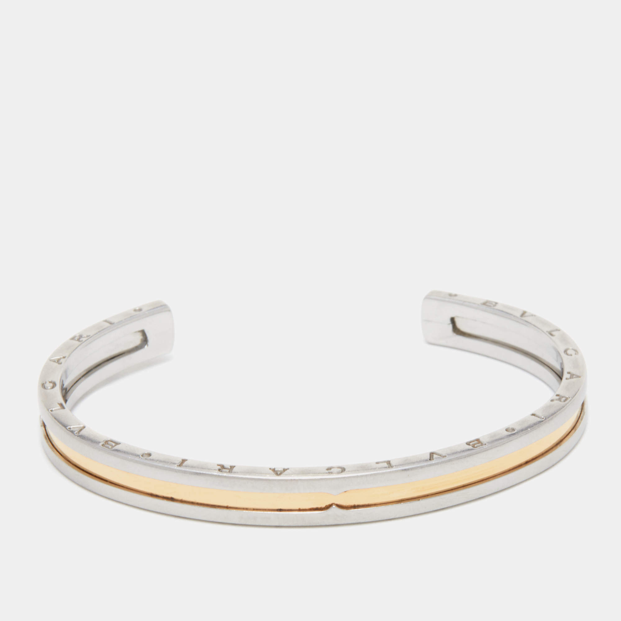Pre Owned Bvlgari B.Zero1 18k Yellow Gold Stainless Steel Open Cuff Bracelet S