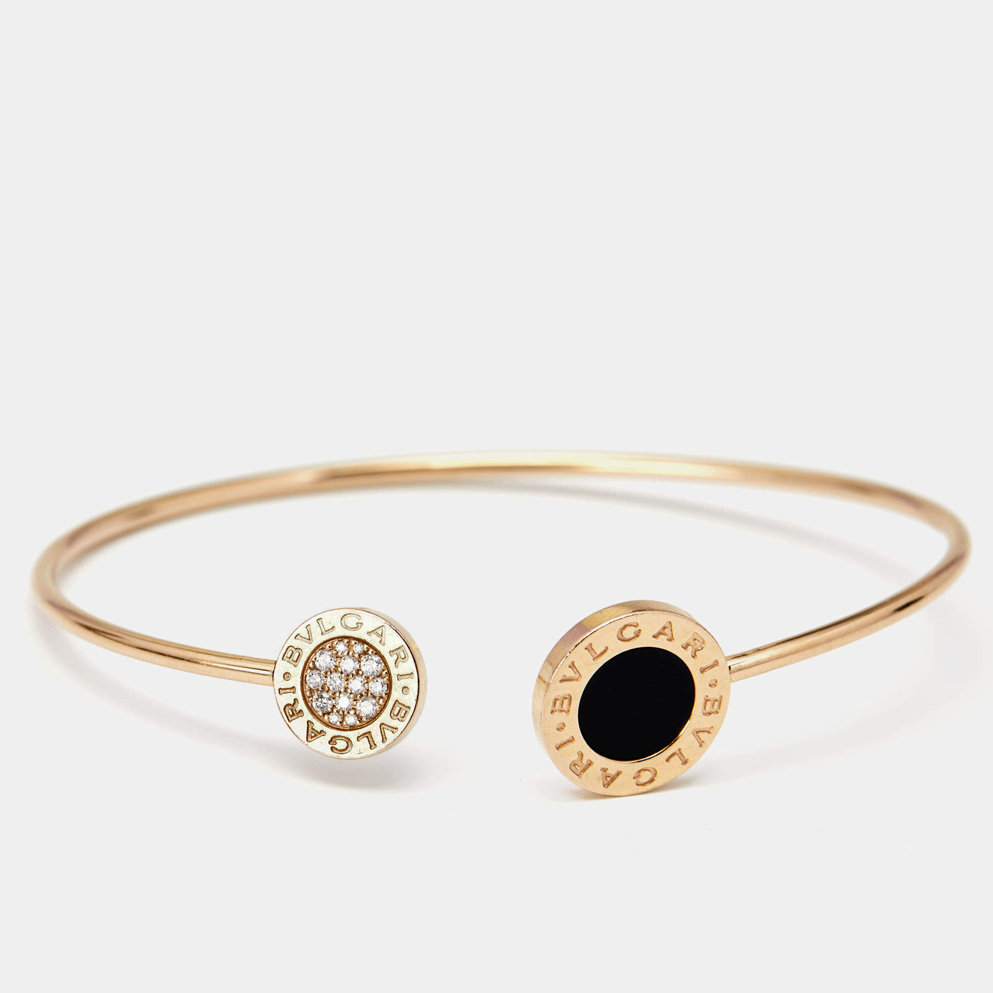 Pre Owned Bvlgari Bvlgari Onyx  Diamonds 18K Rose Gold Open Cuff Bracelet M