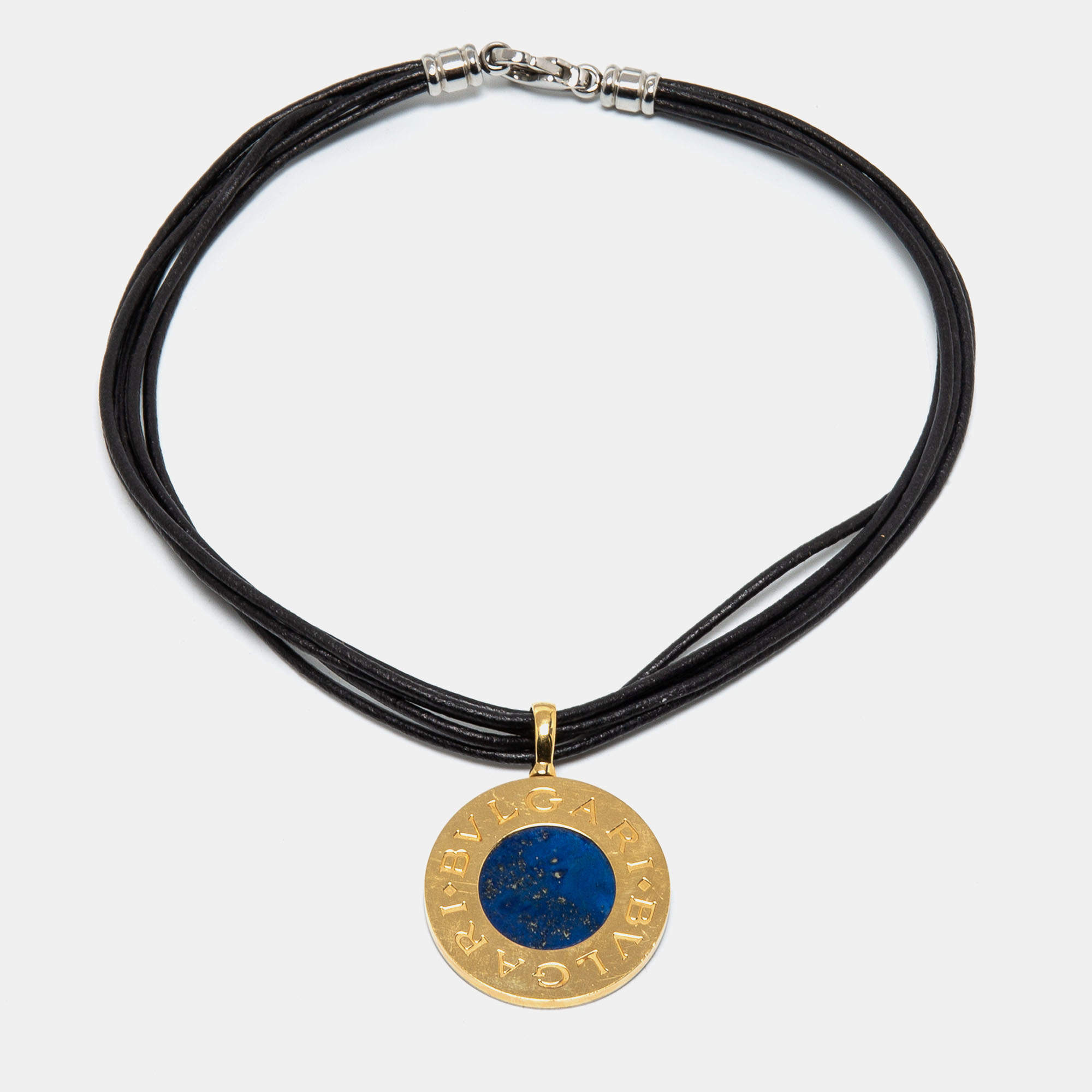 Pre Owned Bvlgari Tondo Lapis Lazuli Onyx 18k Yellow Gold Stainless Steel Leather Cord Pendant Necklace