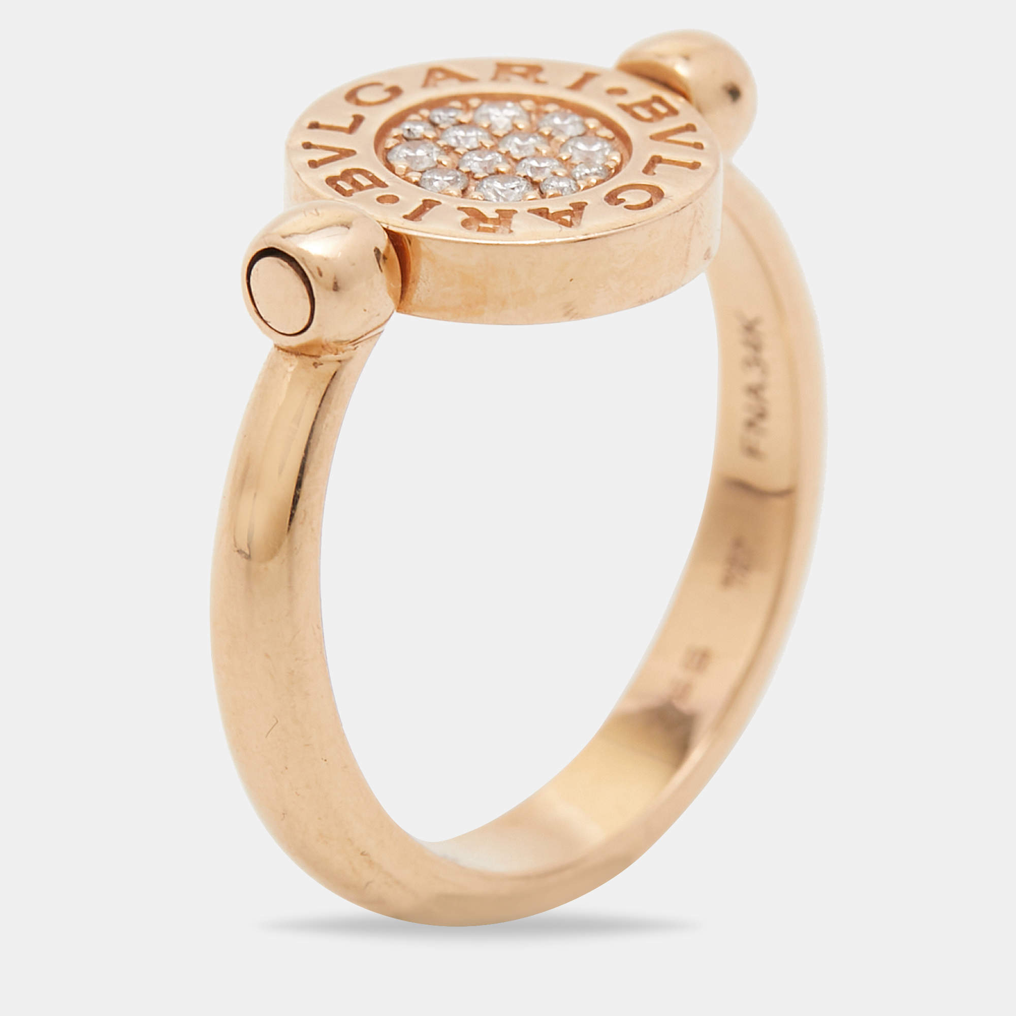 Pre Owned Bvlgari Bvlgari Jade Diamond 18k Rose Gold Flip Ring Size 56