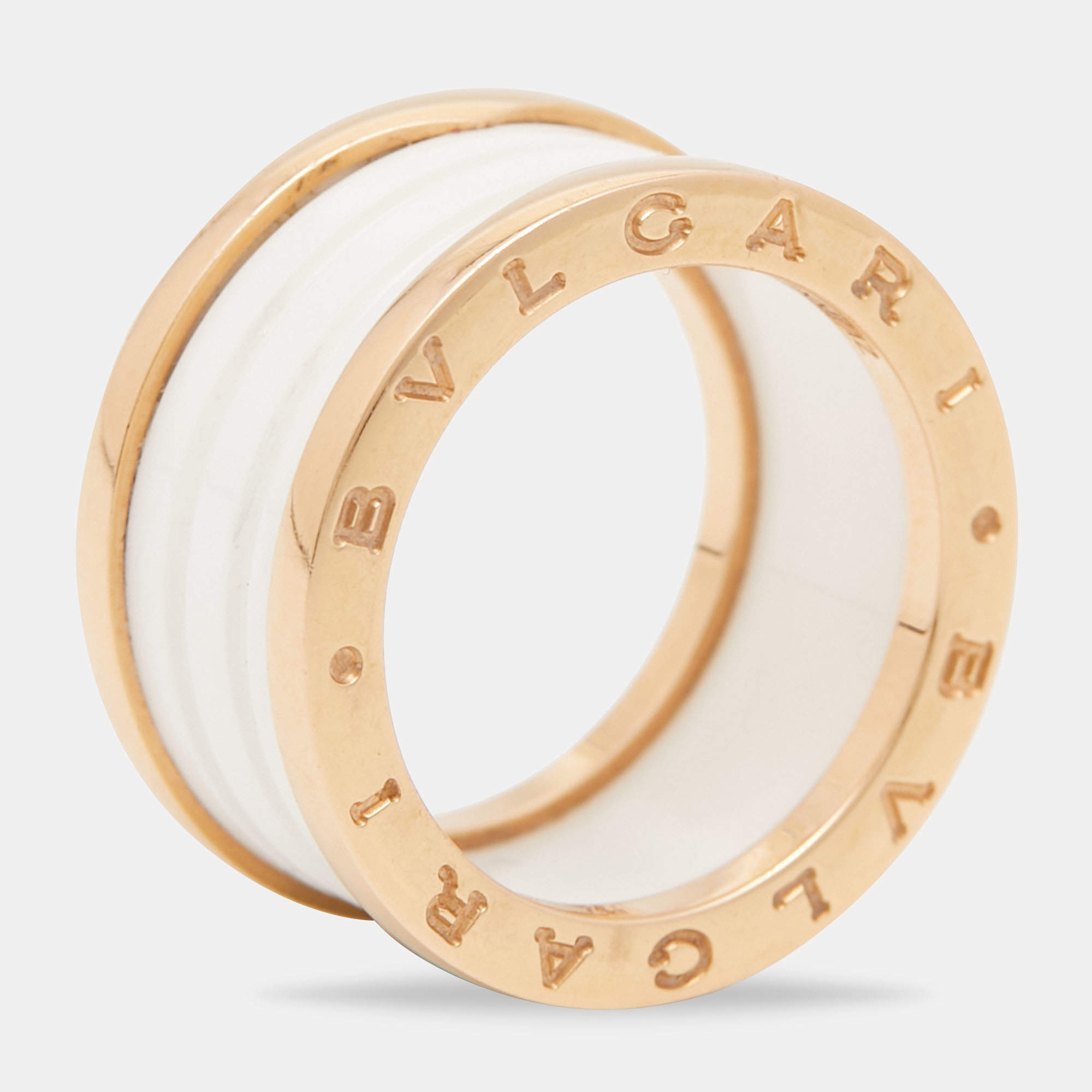 Pre Owned Bvlgari B.Zero1 White Ceramic 18k Rose Gold 4 Band Ring Size 57