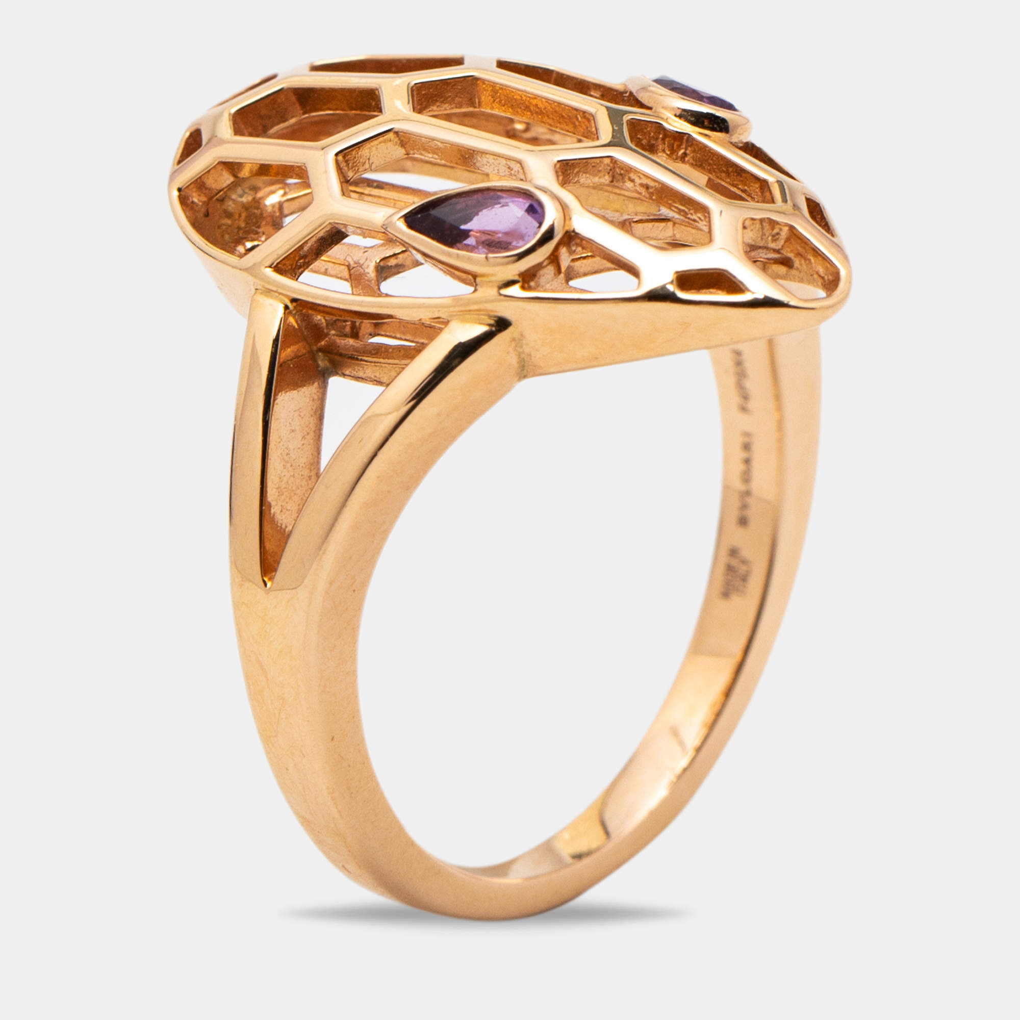 Pre Owned Bvlgari Serpenti Seduttori Amethyst 18k Rose Gold Ring Size 55