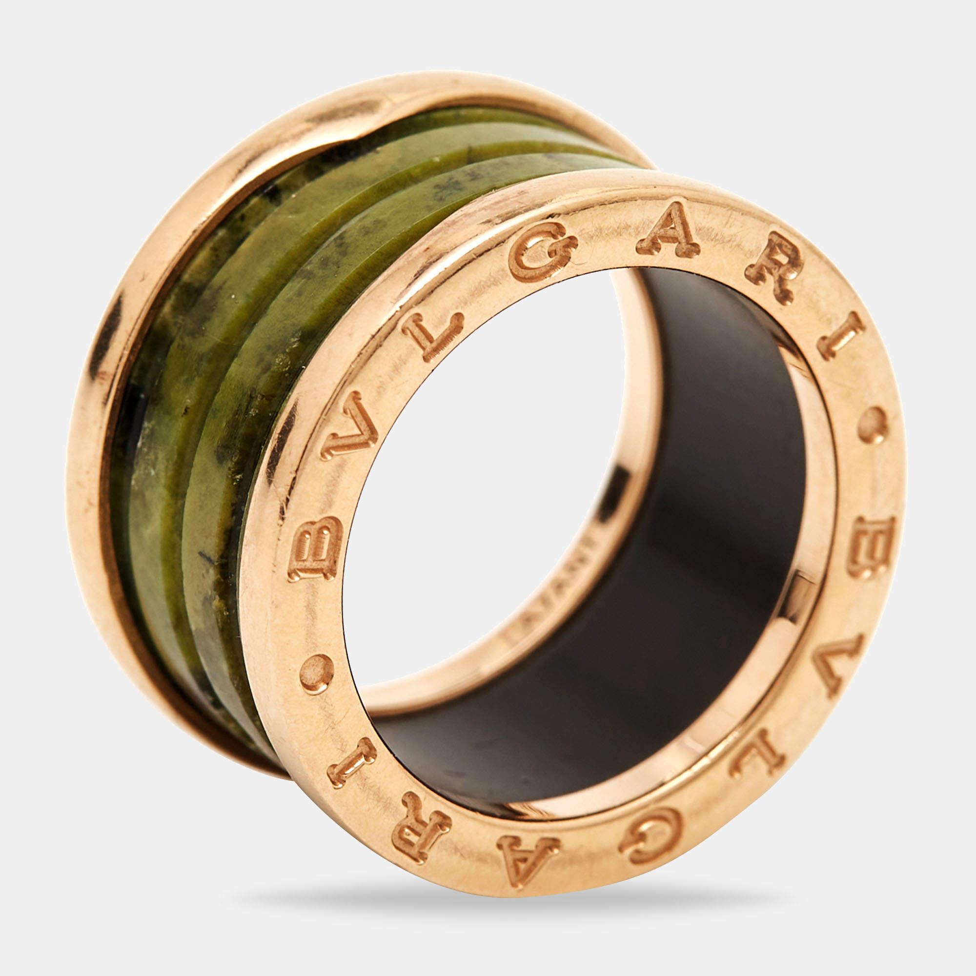Pre Owned Bvlgari B.Zero1 Green Marble 18k Rose Gold Band Ring Size 52