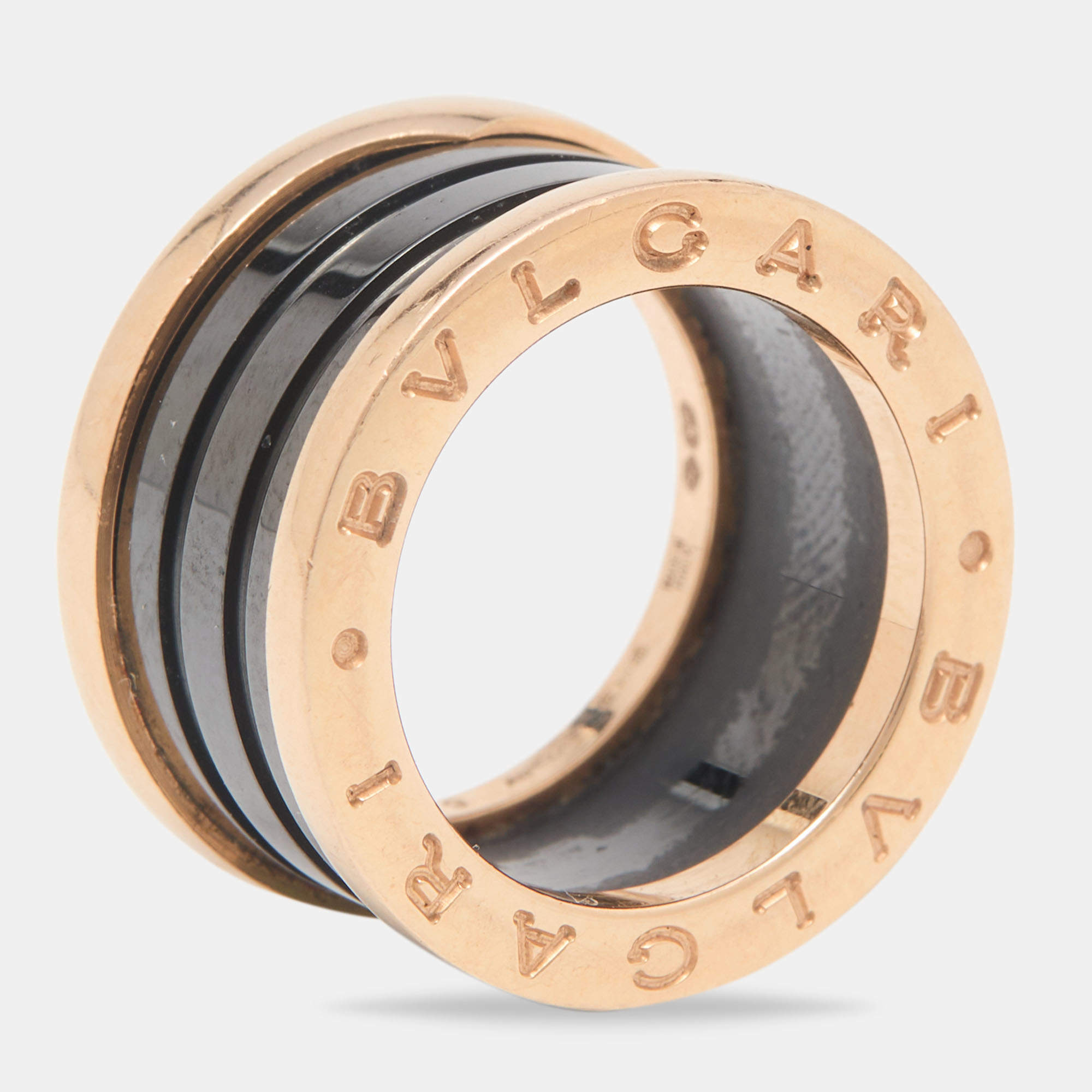 Pre Owned Bvlgari B.Zero1 Black Ceramic 18k Rose Gold Ring Size 49