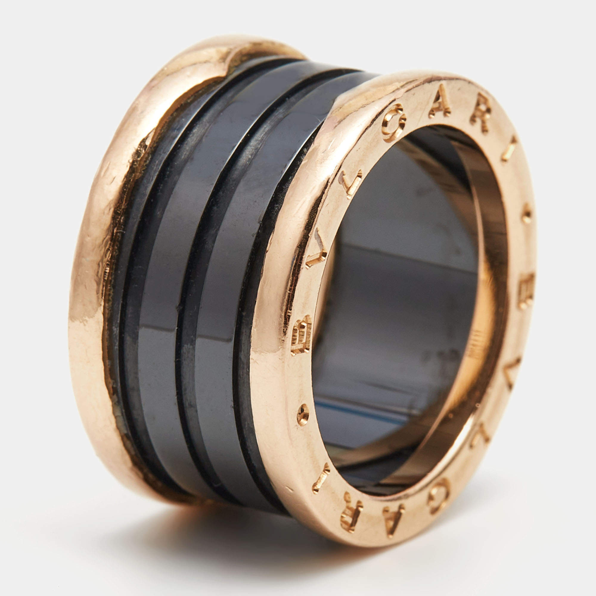 Pre Owned Bvlgari B.Zero1 Black Ceramic 18k Rose Gold 4 Band Ring Size 54