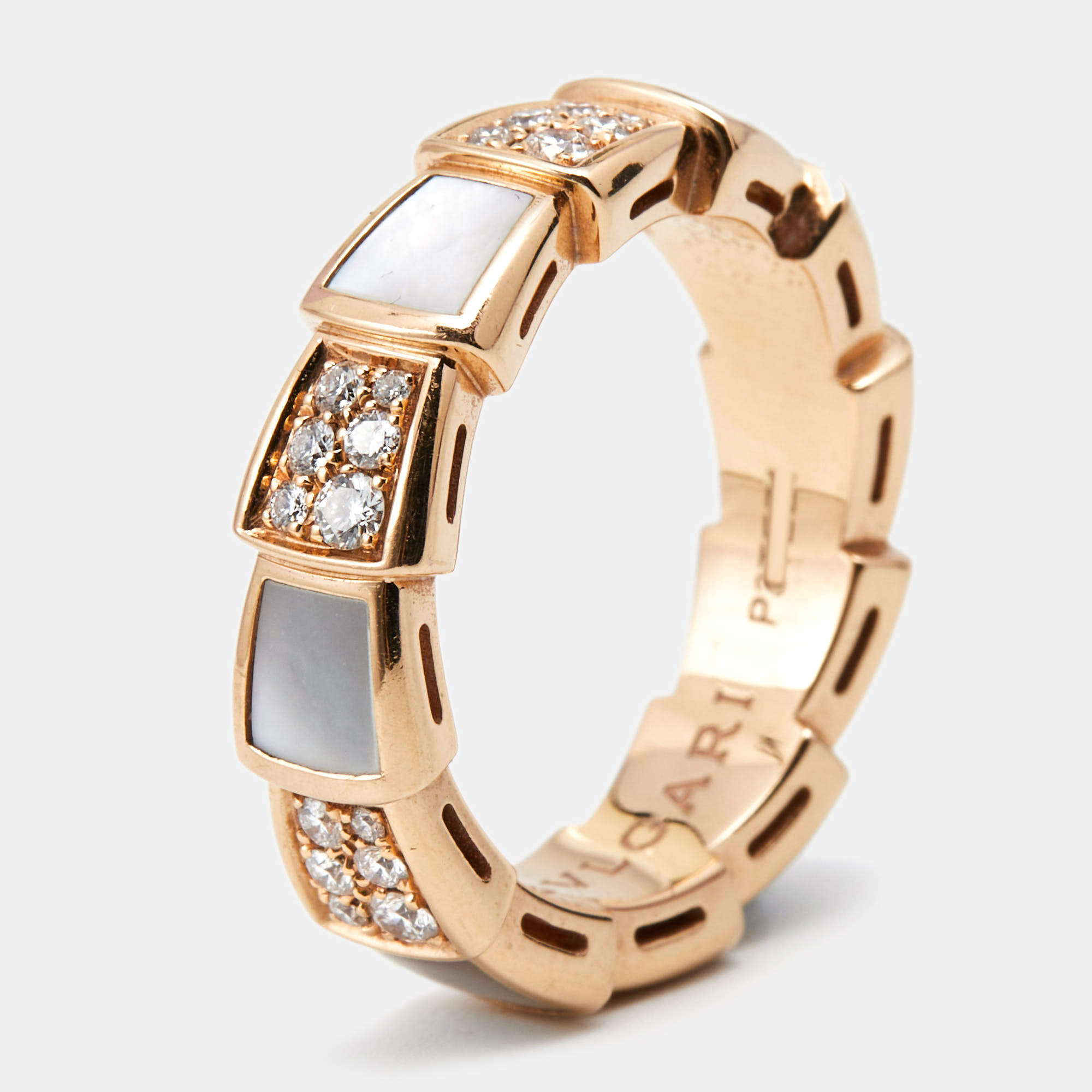 Bvlgari Serpenti Viper Mother of Pearl Diamonds 18k Rose Gold Ring Size 52
