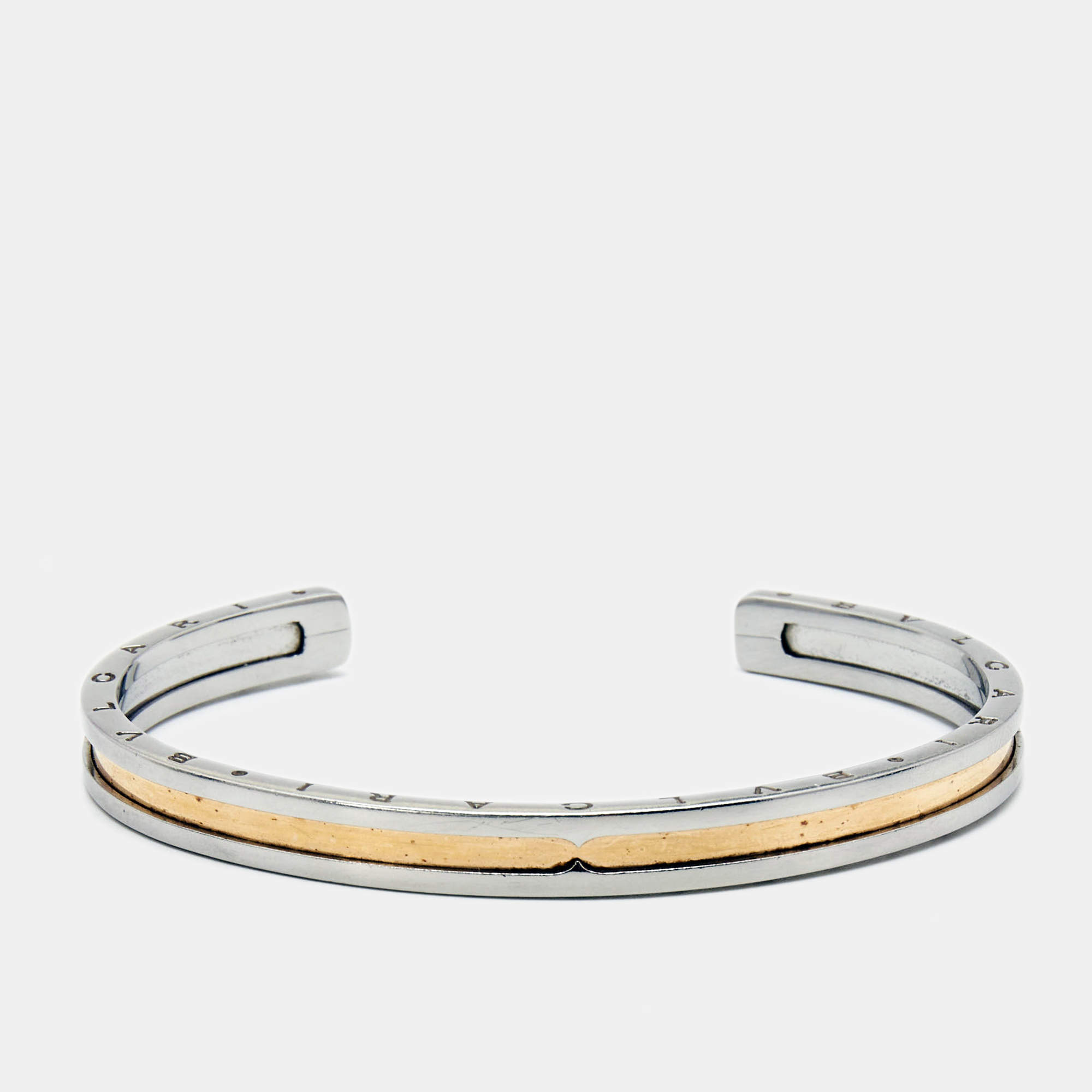 Pre Owned Bvlgari B.Zero1 Stainless Steel 18k Rose Gold Open Cuff Bracelet M