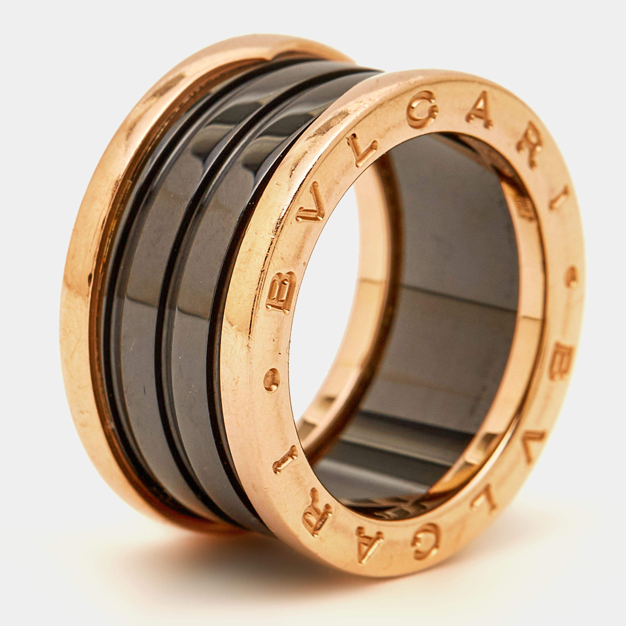 Pre Owned Bvlgari B.Zero1 4-Band Ceramic 18k Rose Gold Ring Size 55