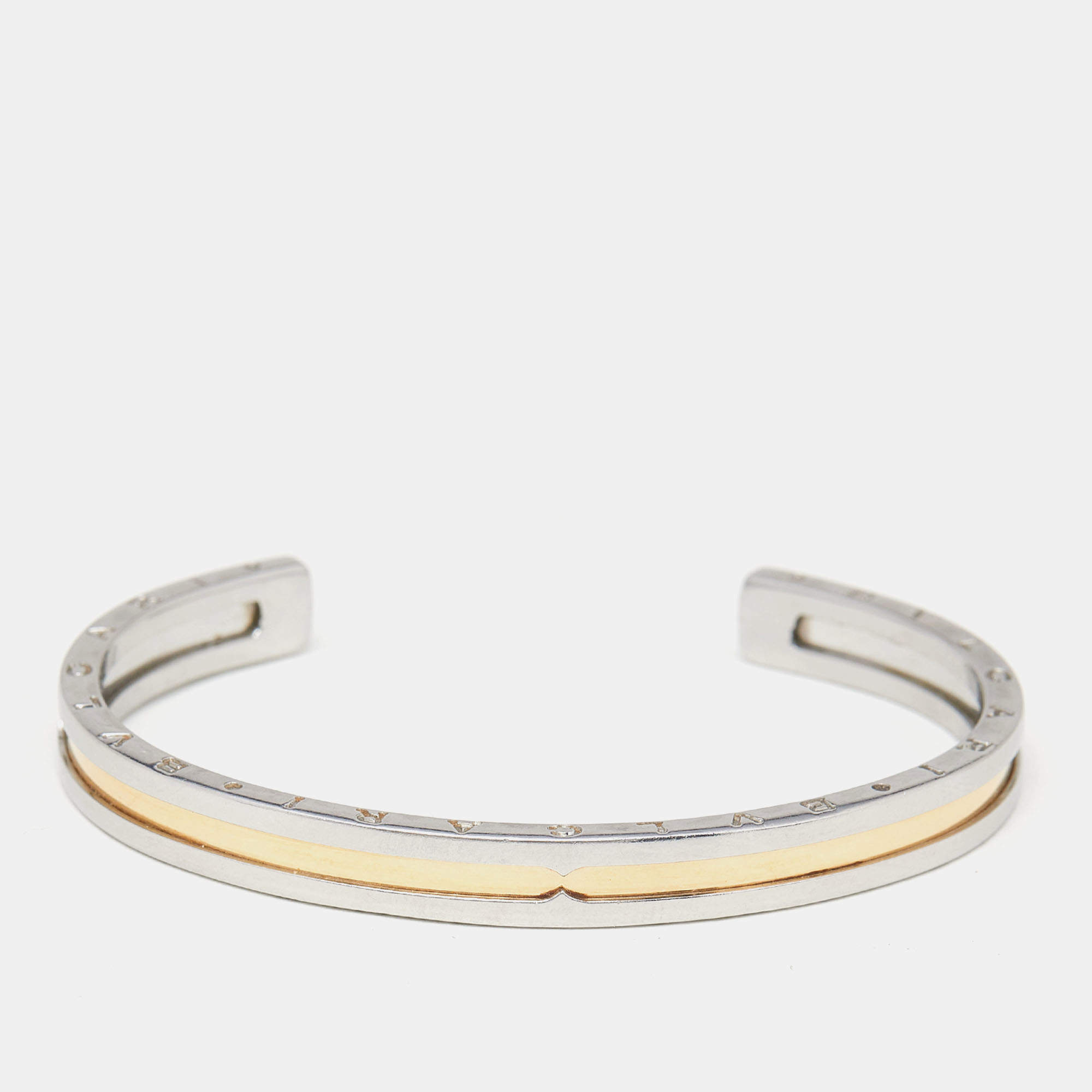 Pre Owned Bvlgari B.Zero1 18k Yellow Gold Stainless Steel Open Cuff Bracelet S