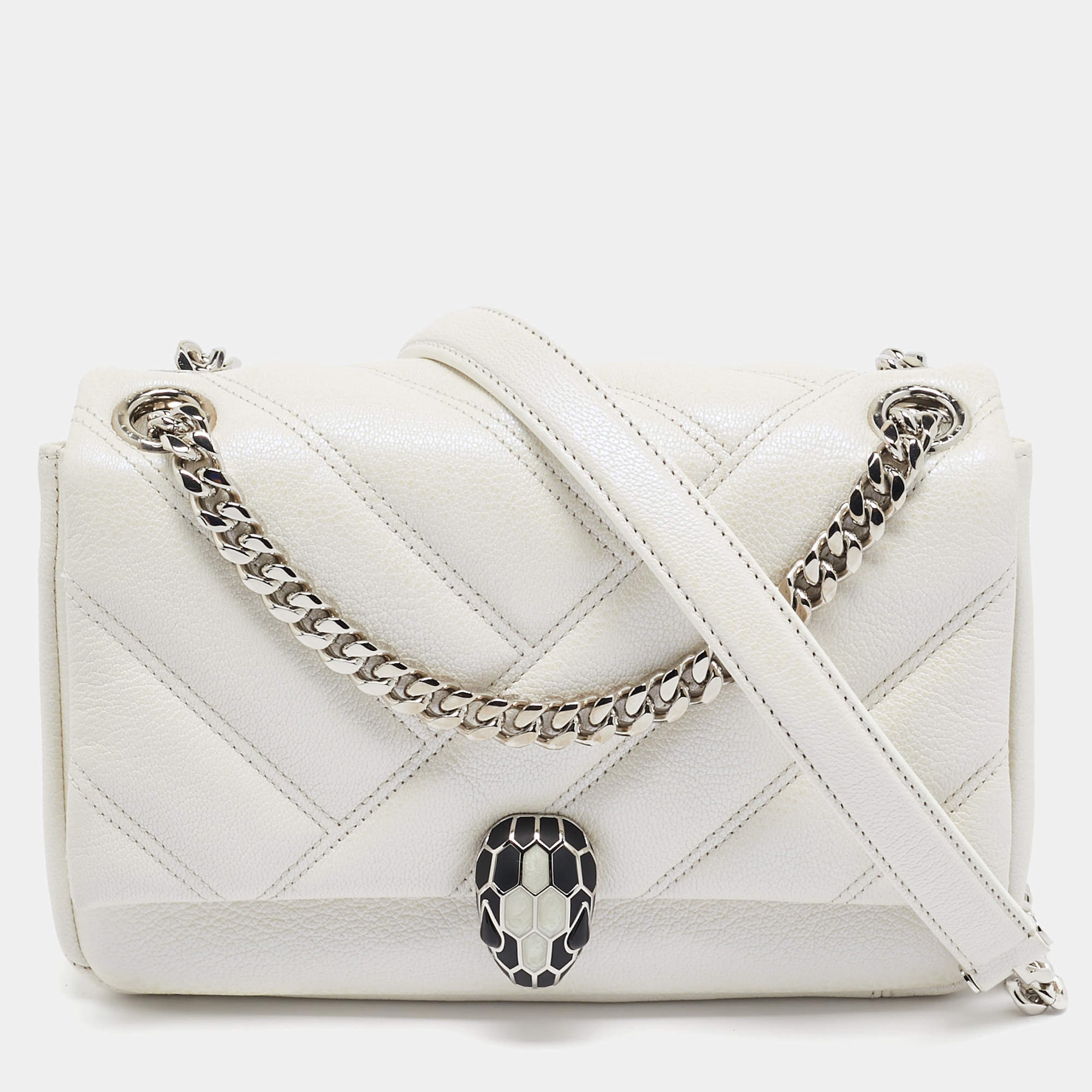 Pre Owned Bvlgari Pearl White Quilted Iridescent Leather Small Serpenti Cabochon Shoulder Bag