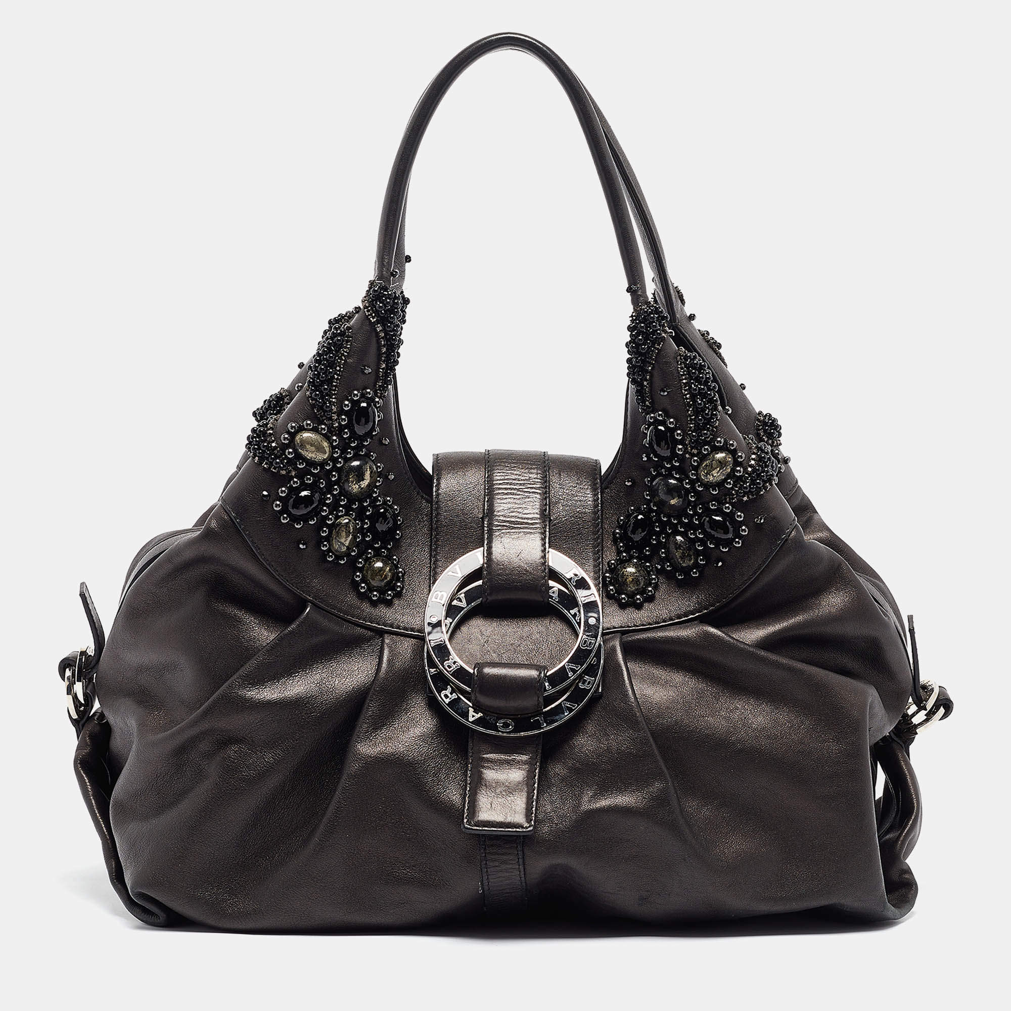Pre Owned Bvlgari Black Leather Crystals Embellished Chandra Hobo