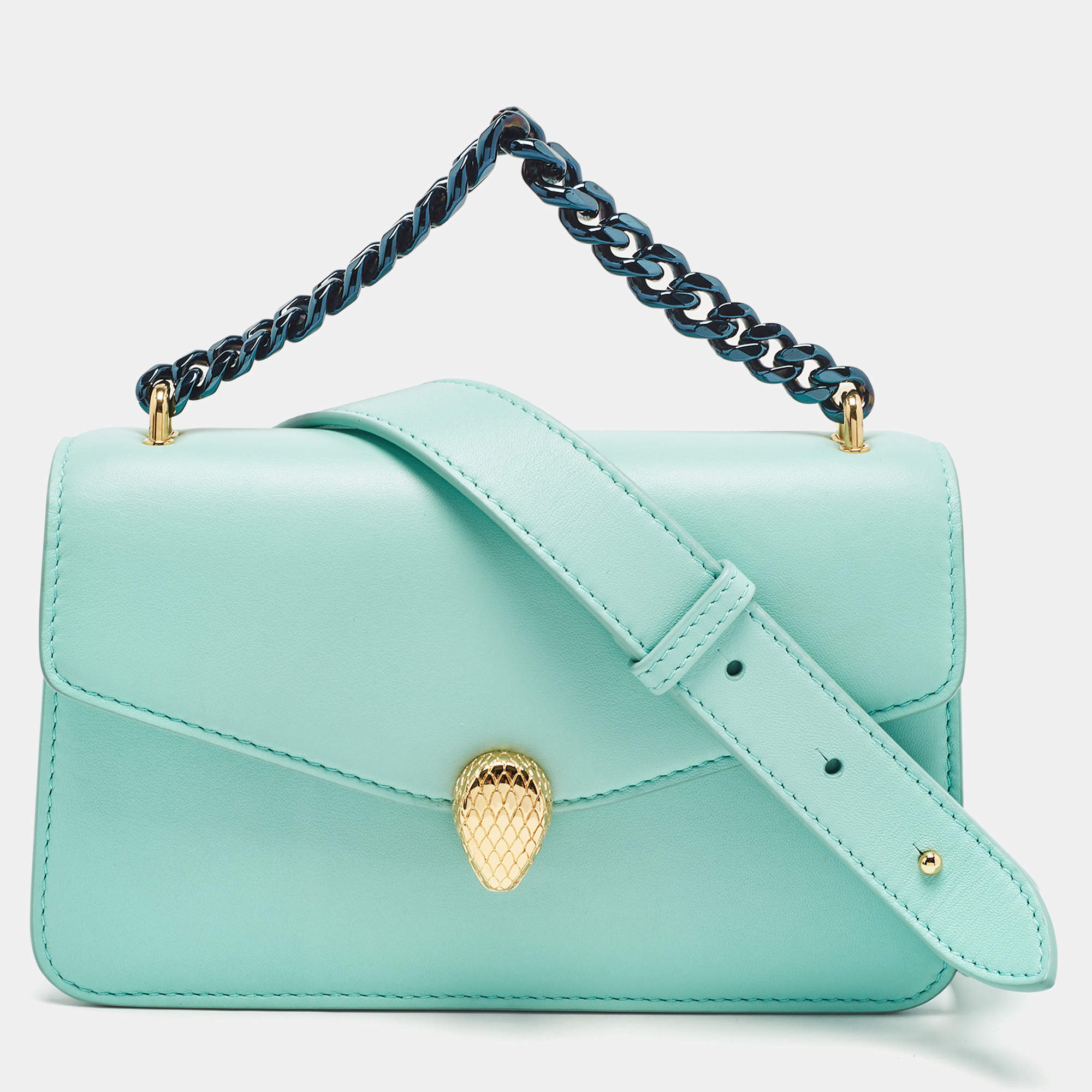 Pre Owned Bvlgari Turquoise Green Leather Serpenti Forever Maxi Chain Bag