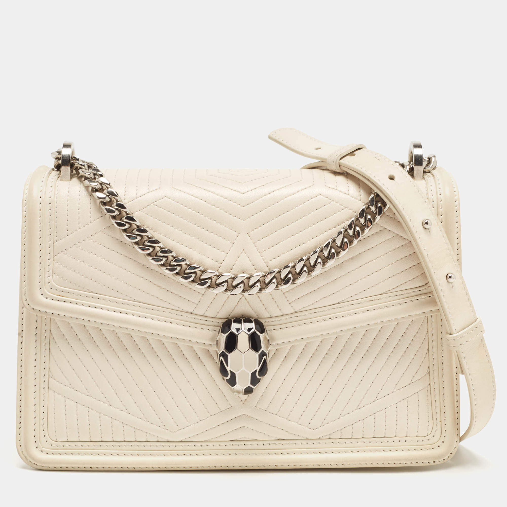 Pre Owned Bvlgari White Leather Serpenti Diamond Blast Shoulder Bag