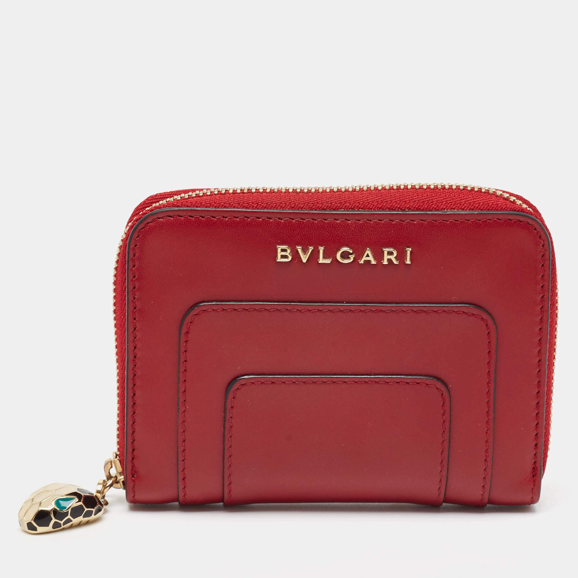Pre Owned Bvlgari Red Leather Serpenti Forever Zip Around Wallet