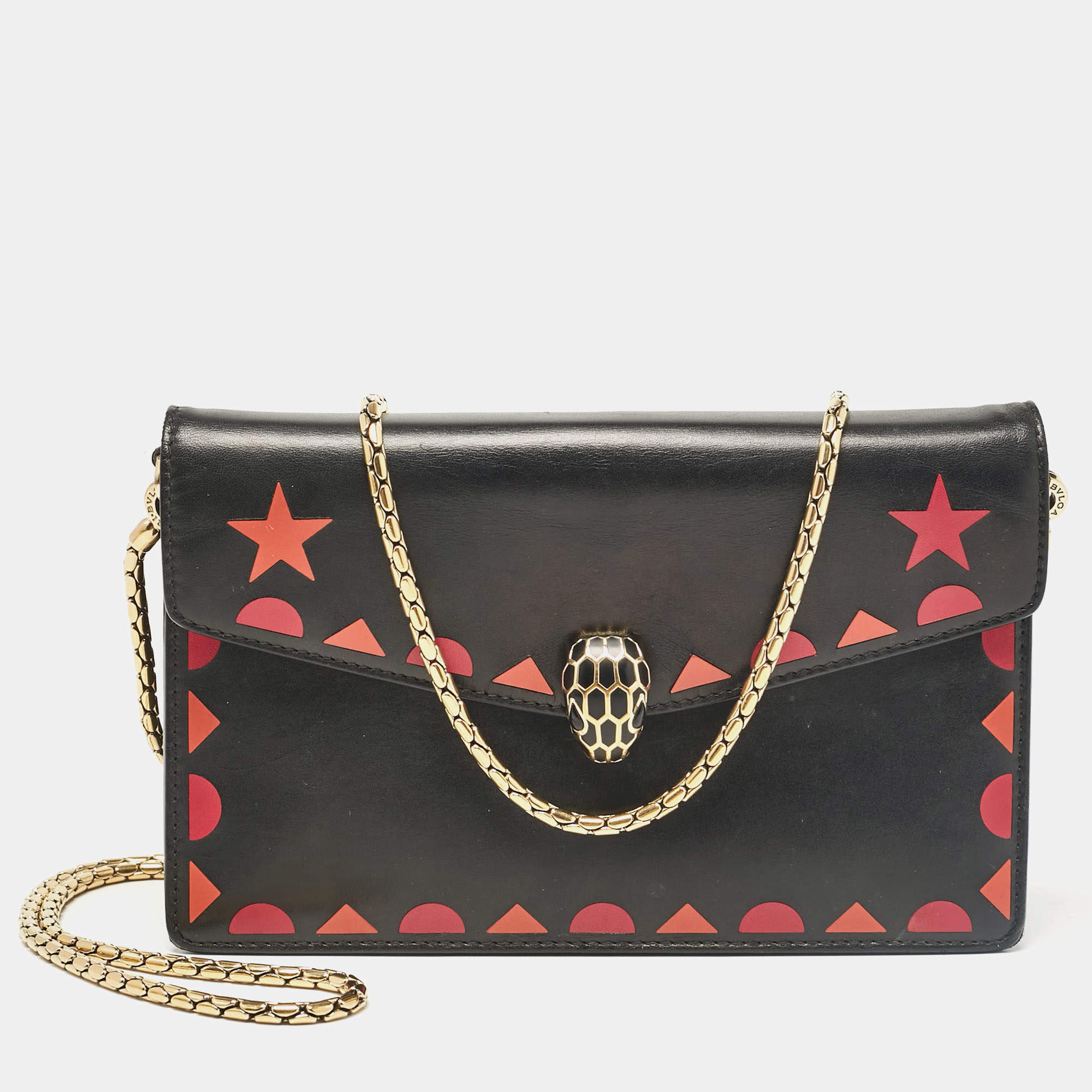 Bvlgari Black Leather Serpenti Forever Patch Chain Clutch