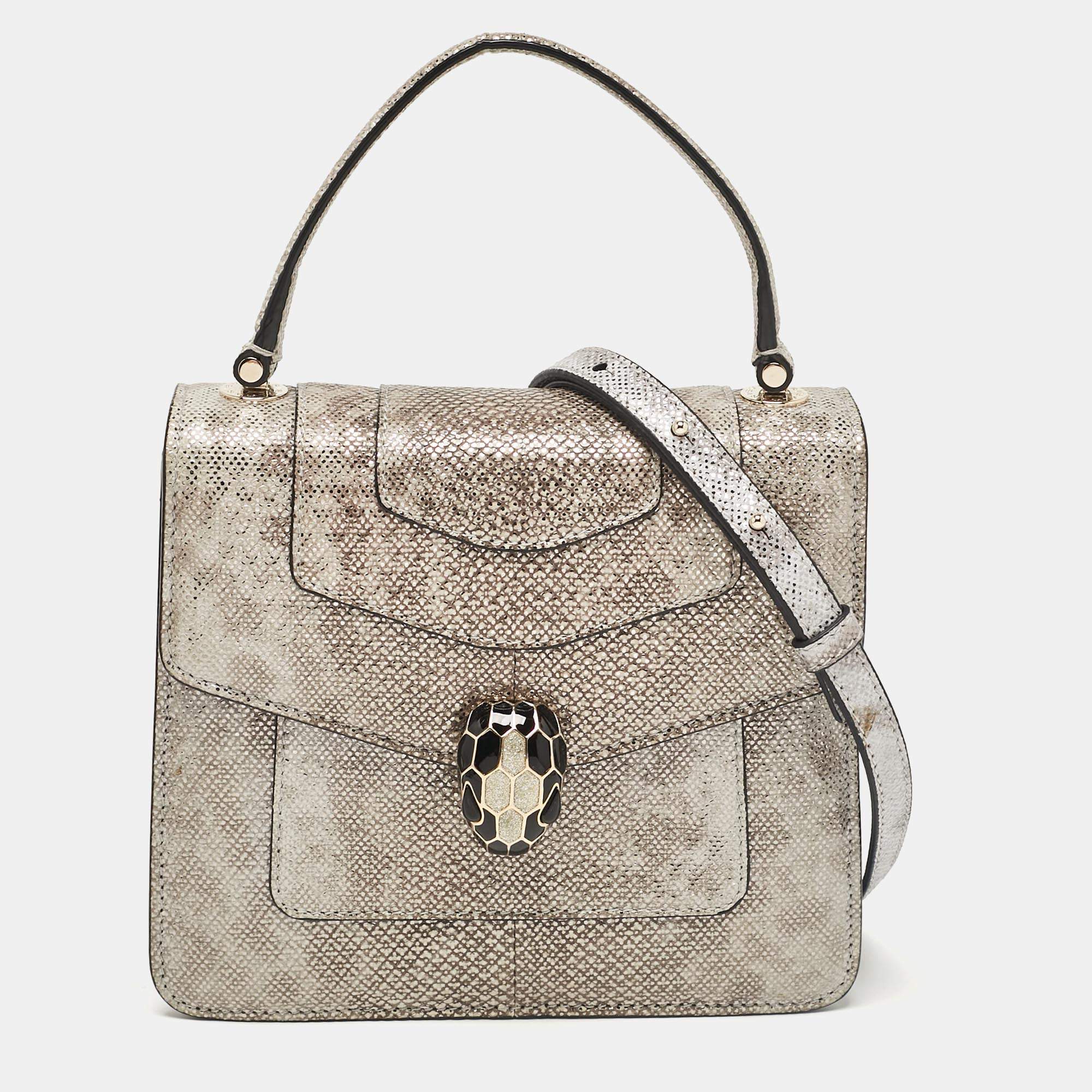 Bvlgari Silver/Beige Karung Leather Small Serpenti Forever Top Handle Bag